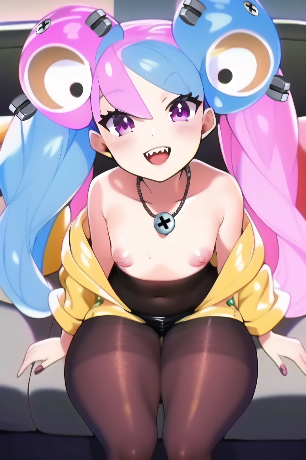 1girls ai_generated blue_hair blush breasts character_hair_ornament couch game_freak gym_leader happy happy_female iono_(pokemon) jacket lewdful looking_at_viewer nai_diffusion navel necklace nipples on_couch pantyhose petite pink_eyes pink_hair pokemon pokemon_sv puffy_nipples sharp_teeth small_breasts smile stable_diffusion twintails two_tone_hair