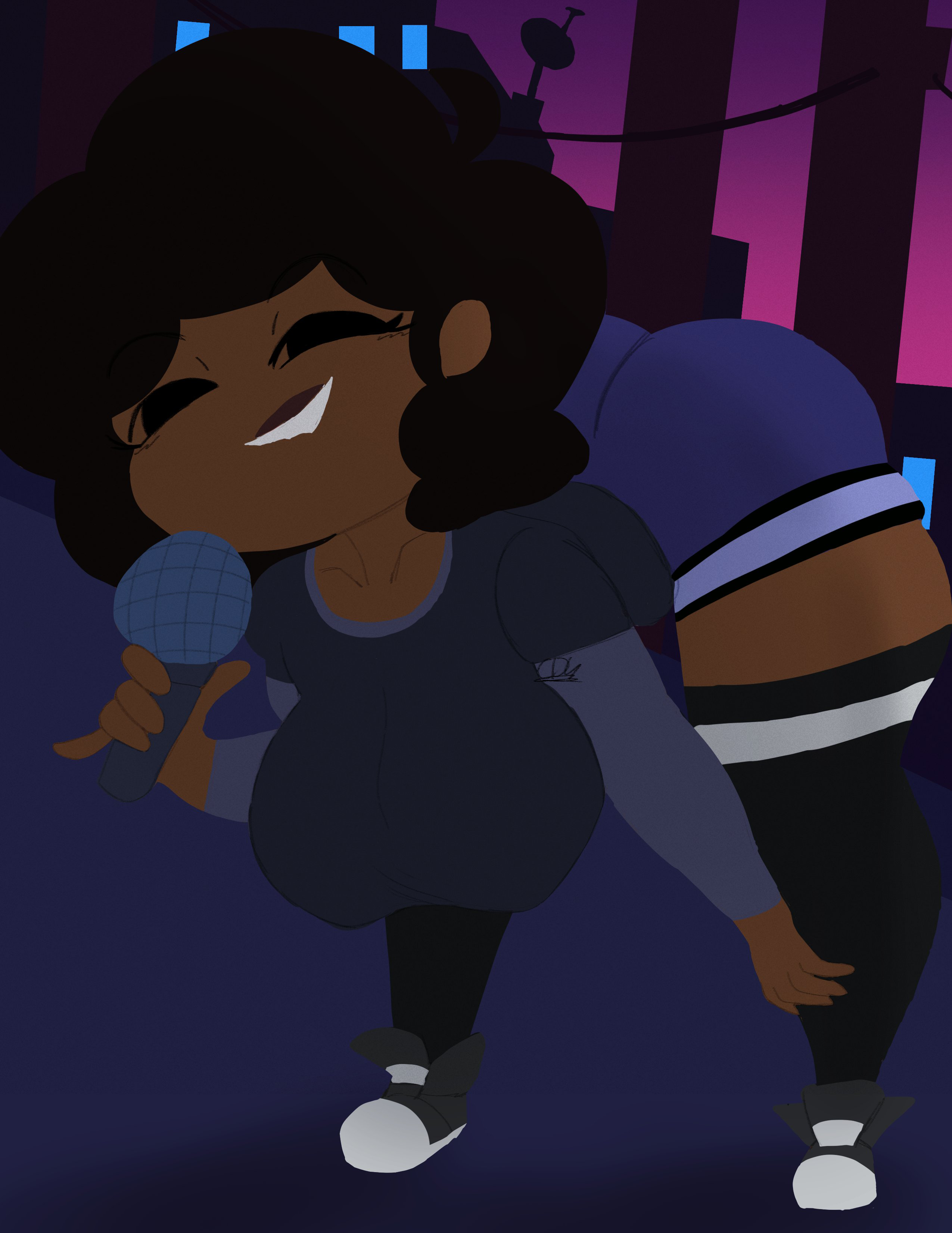 1girls, ass, bending over, big breasts, breasts, carol (bbpanzu), cdk, clothed, dark skin, dark-skinned female, edited, female, friday night funkin, looking at viewer, microphone, solo, stockings, thick ass, thick thighs, thighhighs