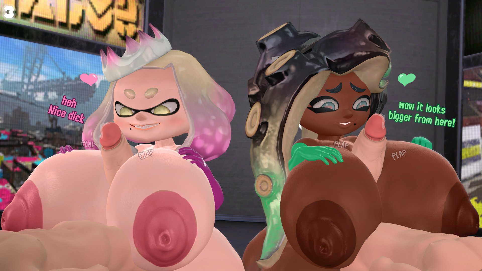 2boys, 2girls, 3d, beauty mark, between breasts, big breasts, big penis, breasts, busty, chocolate and vanilla, dark skin, dark-skinned female, dra111 (artist), dragon316, erection, female, gigantic breasts, gloves, hands on breasts, hi res, huge breasts, humanoid, inkling, lesbian conversion, lesbian to straight, lesbian with male, light skin, light-skinned female, light-skinned male, long gloves, looking at penis, male, male/female, marina (splatoon), mole under mouth, nintendo, nipples, nude, nude female, nude male, octoling, off the hook (splatoon), orientation play, paizuri, pearl (splatoon), penis, pseudo hair, puffy nipples, smile, splatoon, splatoon 2, straight, tentacle