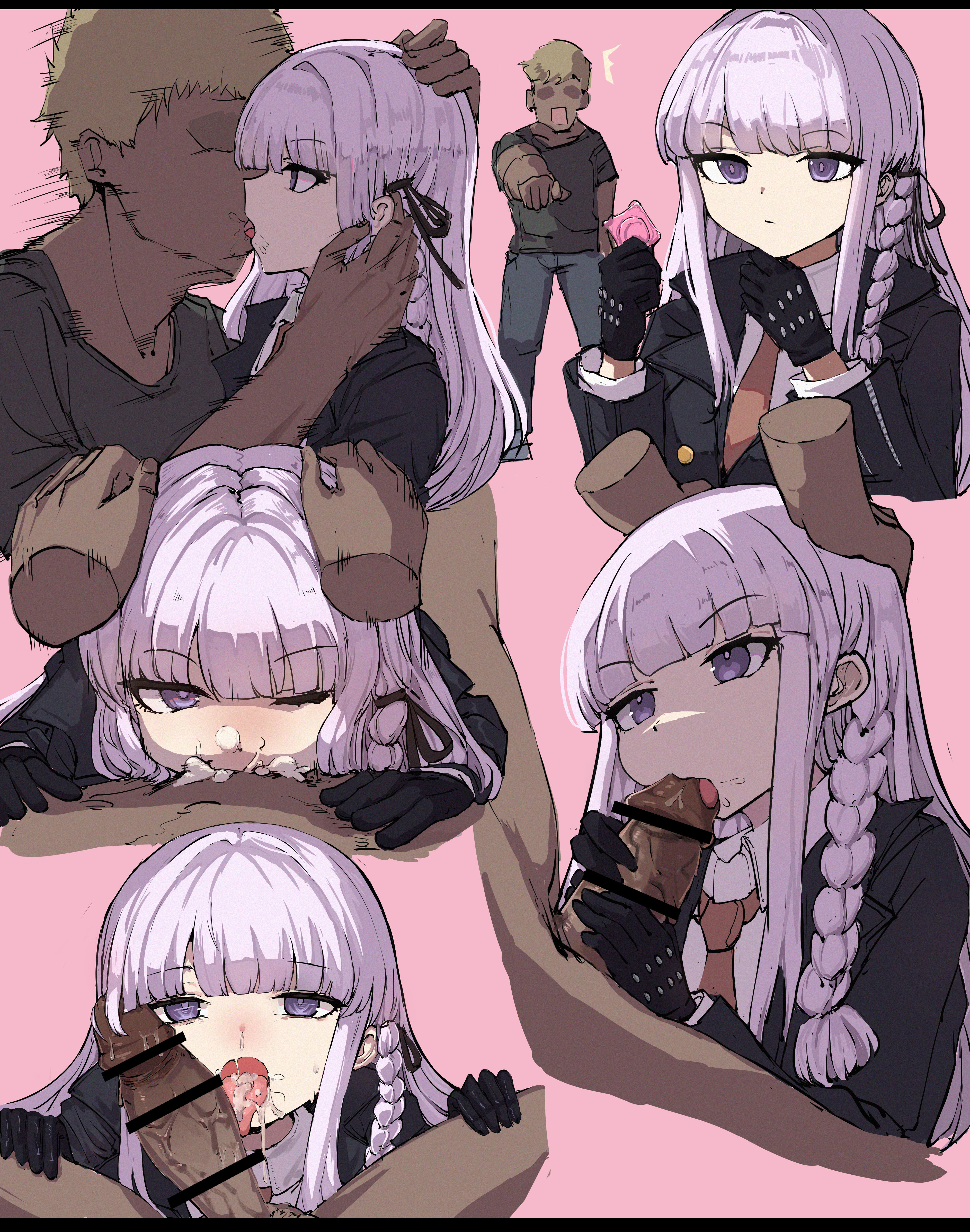 1boy, 1girls, blowjob, clothed, clothed female nude male, condom, condom wrapper, cum, cum in mouth, danganronpa, danganronpa 1, danganronpa: trigger happy havoc, dark skin, dark-skinned male, ejaculation, female, kirigiri kyouko, light skin, light-skinned female, male, straight hair, unopened condom wrapper, xia6230713