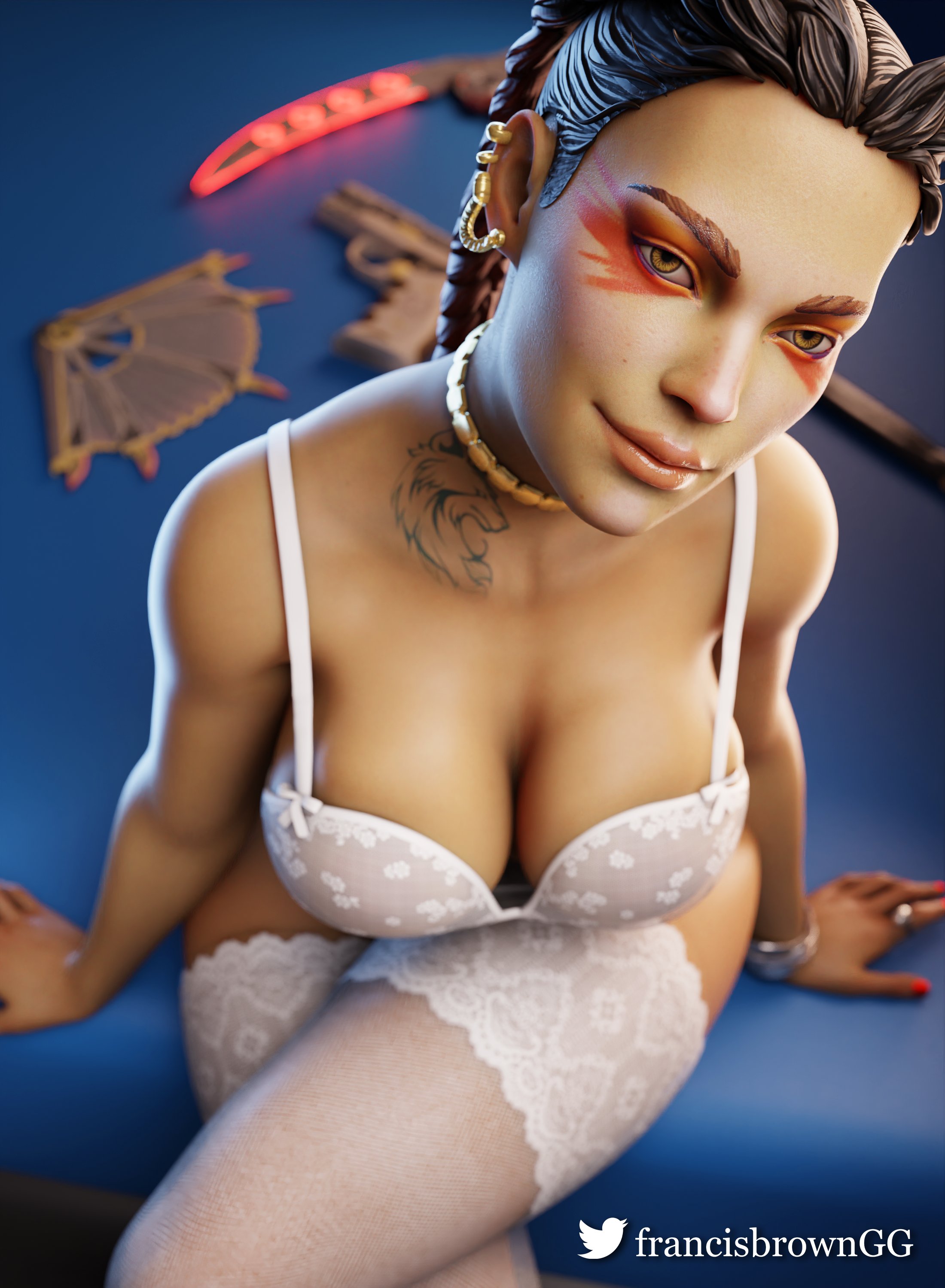 1girls, 3d, above view, alternate version at source, alternate version available, apex legends, athletic, athletic female, big breasts, black hair, blender, braided hair, braided twintails, brazilian, breasts, brown eyes, brown hair, brown skin, brown-skinned female, cleavage, dark skin, dark-skinned female, electronic arts, eyeliner, female, female only, francis brown, large breasts, latina, lingerie, loba (apex legends), looking at viewer, petite, pigtails, red eyeshadow, red hair, red lipstick, respawn entertainment, seductive eyes, seductive look, seductive mouth, solo, thighhighs, twintails, two-tone hair, yellow eyes