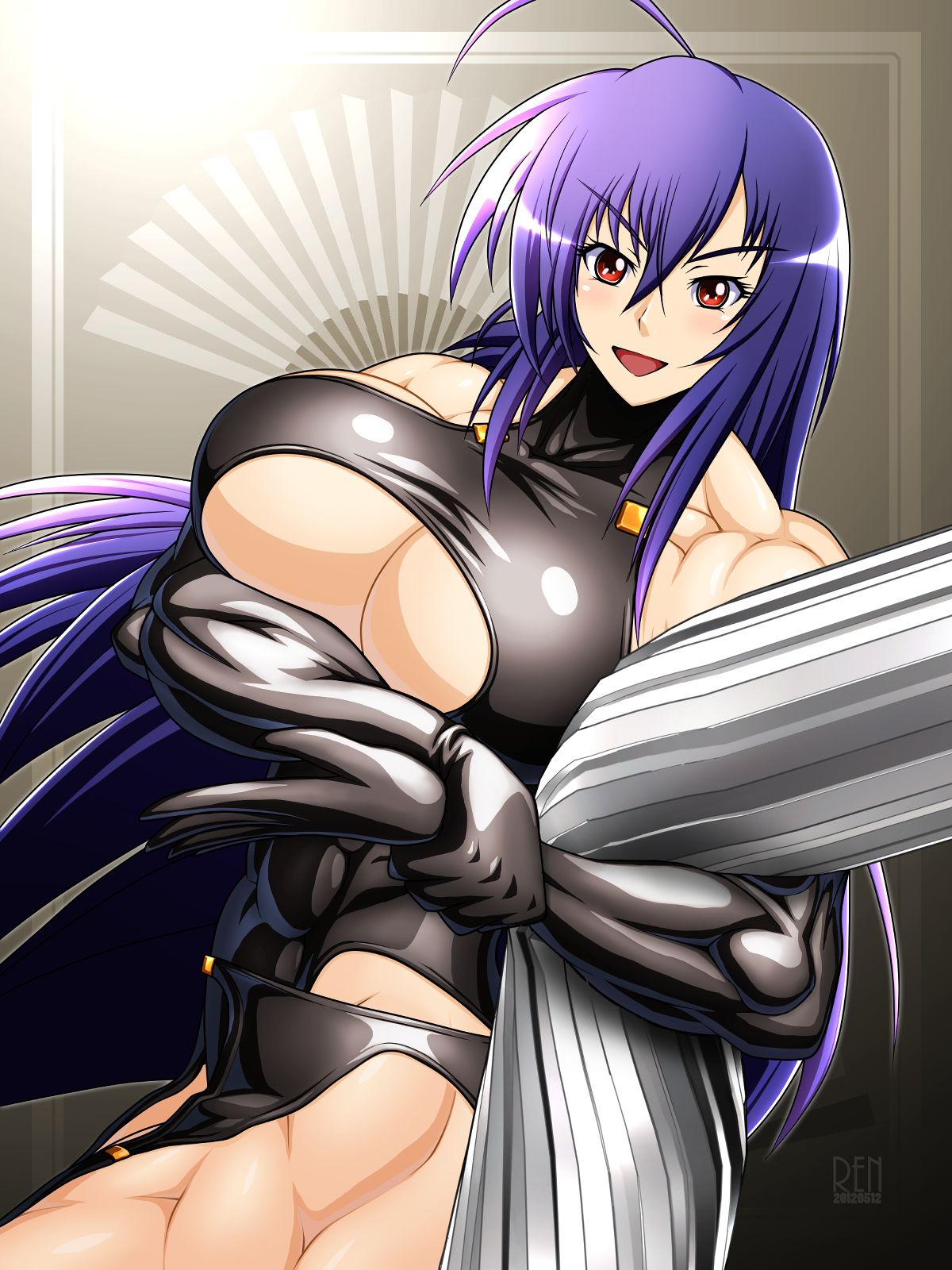 1girls abs amazon armwear athletic athletic_female black_clothing bodybuilder boob_window buff busty cleavage crush crushing destruction dominatrix fit_female holding_arm inner_sideboob kurokami_medaka latex latex_gloves leotard looking_at_viewer medaka_box metal_bar muscle muscle_tone muscles muscular muscular_arms muscular_female muscular_legs muscular_thighs open_smile pose posing purple_hair red_eyes ren_(tainca2000) rentb seductive_pose shiny_clothes shiny_skin squeezing squish thick_hips thick_legs thick_thighs thunder_thighs tight_clothes tight_clothing toned_female voluptuous