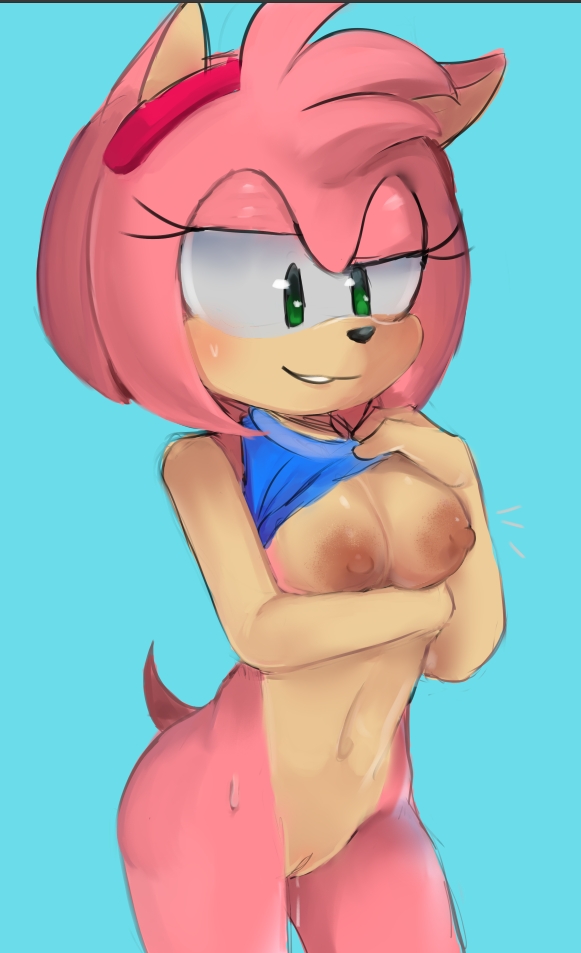 1girls, amy rose, anthro, breasts, dripping pussy, female, floweey, looking down, pussy, shirt lift, solo, sonic (series), sweat