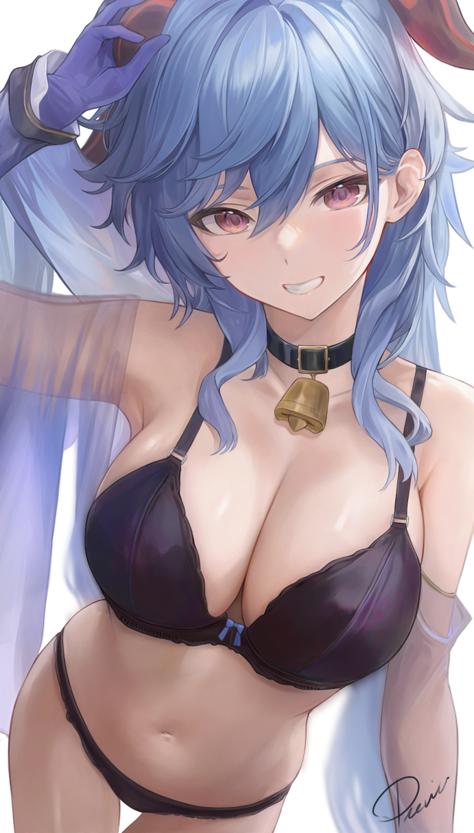 1girls ahoge bell bell_choker blue_hair blush bra breasts choker female ganyu_(genshin_impact) genshin_impact grin horns large_breasts long_hair panties preview_(preview0) purple_eyes slim_waist smile thick_thighs