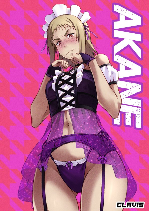 1girls, ass visible through thighs, blonde hair, blush, chainsaw man, clavis, embarrassed, female, female only, fringe, garter straps, light skin, light-skinned female, maid, maid headdress, maid uniform, mappa, medium hair, no pants, no skirt, panties, petite, red eyes, revealing clothes, roleplay, sawatari akane, seductive look, short hair, shy, slim, slit pupils, small fringe, viewed from below