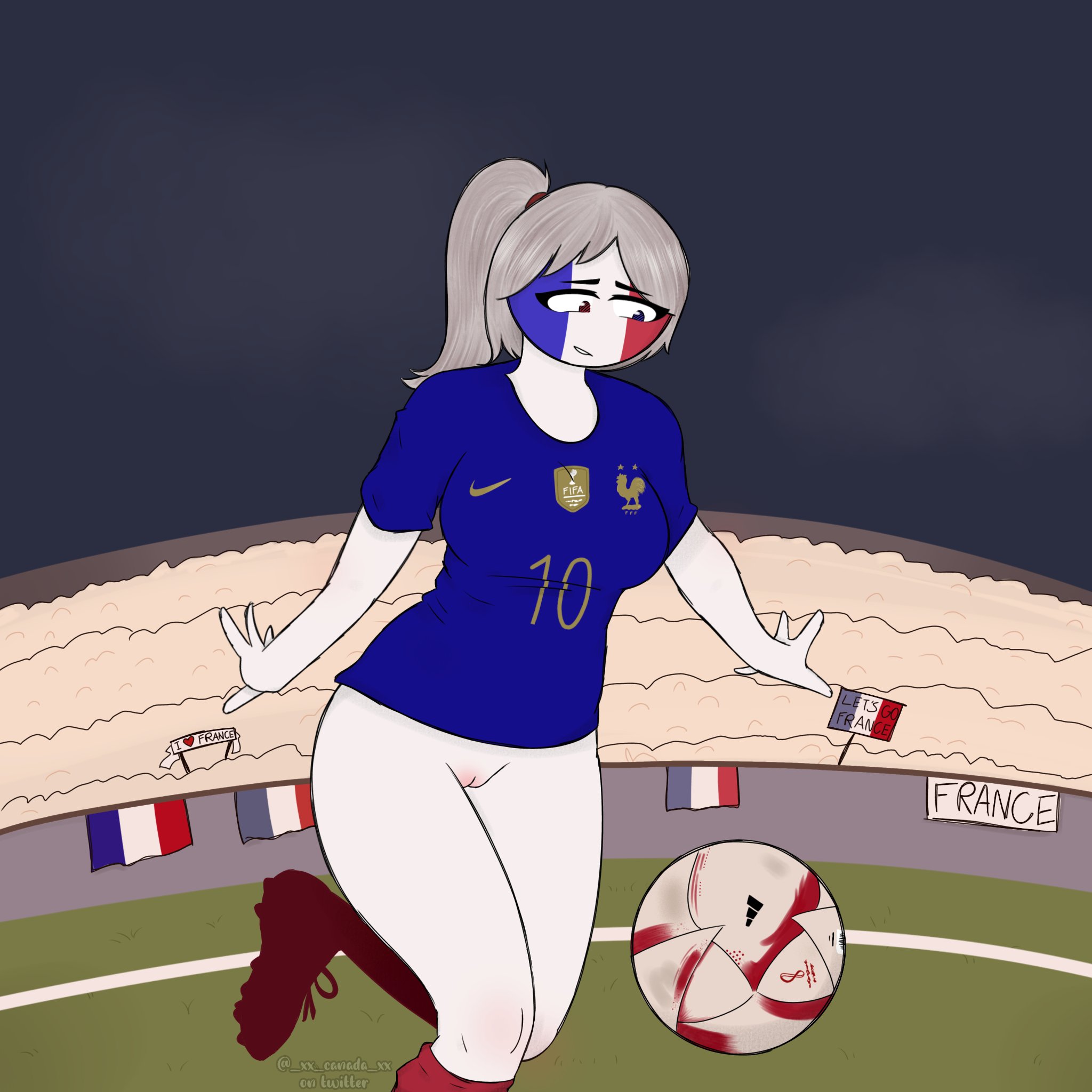 1girls, blue shirt, bottomless, countryhumans, countryhumans girl, female, female only, football, france (countryhumans), no panties, red socks, soccer, soccer field, solo female, sports uniform, tagme, white hair, white skin, world cup, xx.canada.xx