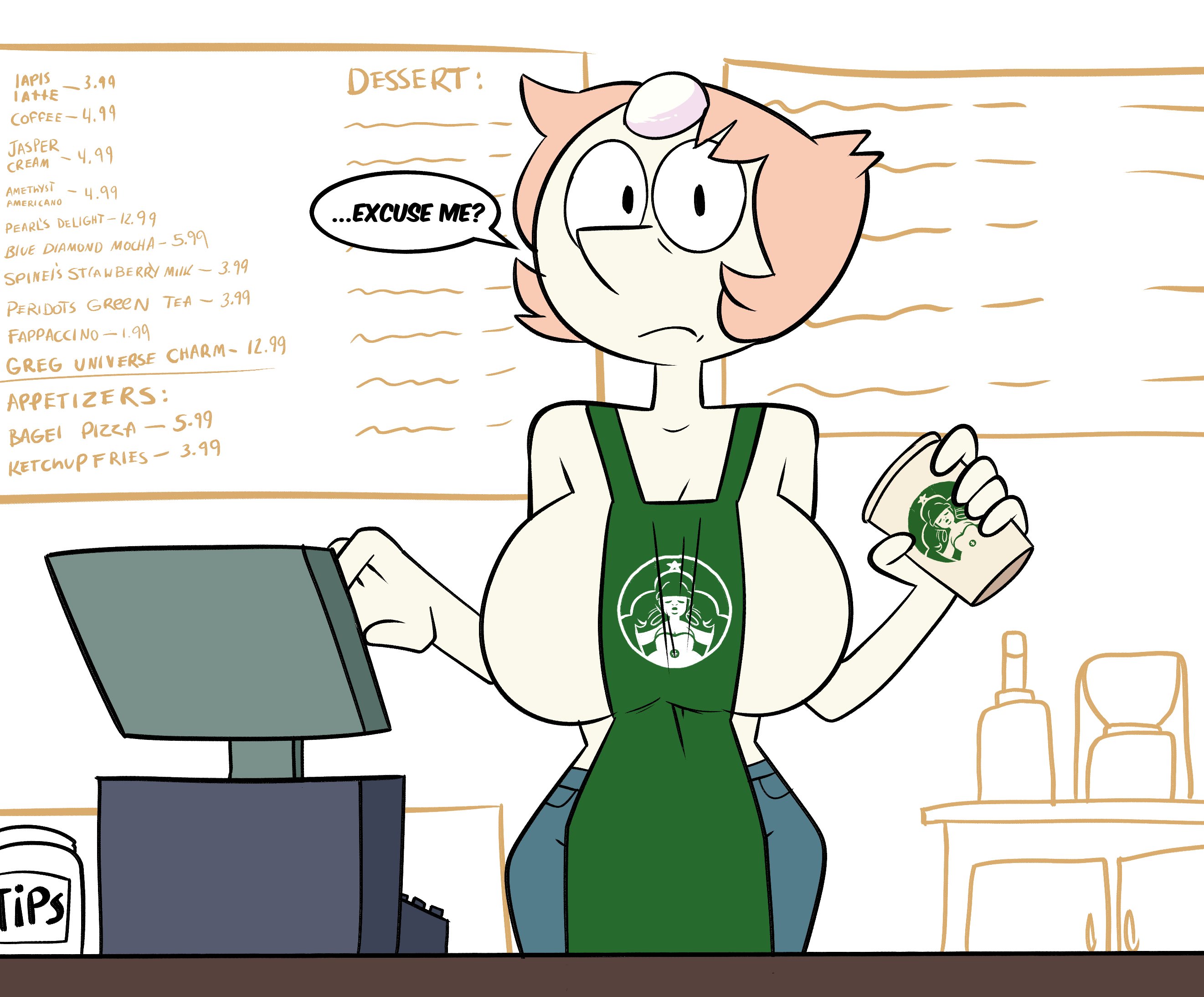 1girls, apron, big breasts, breasts, cafe, clothed female, clothing, coffee cup, coffee shop, denim, embarrassed, english text, female, female only, huge breasts, iced latte with breast milk, jeans, large breasts, looking at viewer, meme, monamania, no bra, pearl (steven universe), short hair, speaking to viewer, speech bubble, starbucks, steven universe, talking to viewer, text, topless