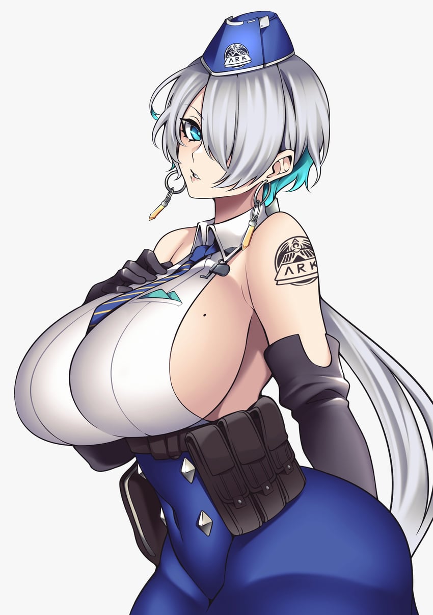 1girls, absurdres, bare shoulders, blue eyes, blue headwear, blue necktie, blue pants, blue skirt, blush, breasts, brid (nikke), camui kamui (hz 666v), elbow gloves, female, female only, gloves, goddess of victory: nikke, hand on own chest, highres, huge breasts, light skin, light-skinned female, long skirt, mole, mole on breast, navel, necktie, pants, pouch, shoulder tattoo, sideboob, simple background, skirt, solo, sweat, tattoo, white background, white hair, wide hips