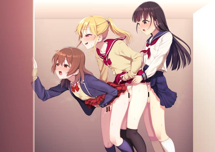 3boys anal bar_censor black_eyes black_hair blazer blonde_hair blue_jacket bow bowtie boy_sandwich brown_eyes brown_hair censored clothed_sex clothes_lift crossdressing ejaculation_while_penetrated erect_while_rimmed erection femboy femboy_on_femboy girly group_sex hokuro_ryuuseigun human human_only jacket josou_seme light-skinned_femboy light-skinned_male light_skin long_hair long_sleeves love_train lucky_pierre male male_focus male_only male_penetrated miniskirt mmm_threesome multiple_boys neckerchief original otoko_no_ko penetrating_while_penetrated penis pleated_skirt ponytail red_bow red_bowtie red_eyes red_neckerchief sandwiched school_uniform serafuku shirt skirt skirt_lift small_penis threesome white_shirt yaoi yellow_shirt