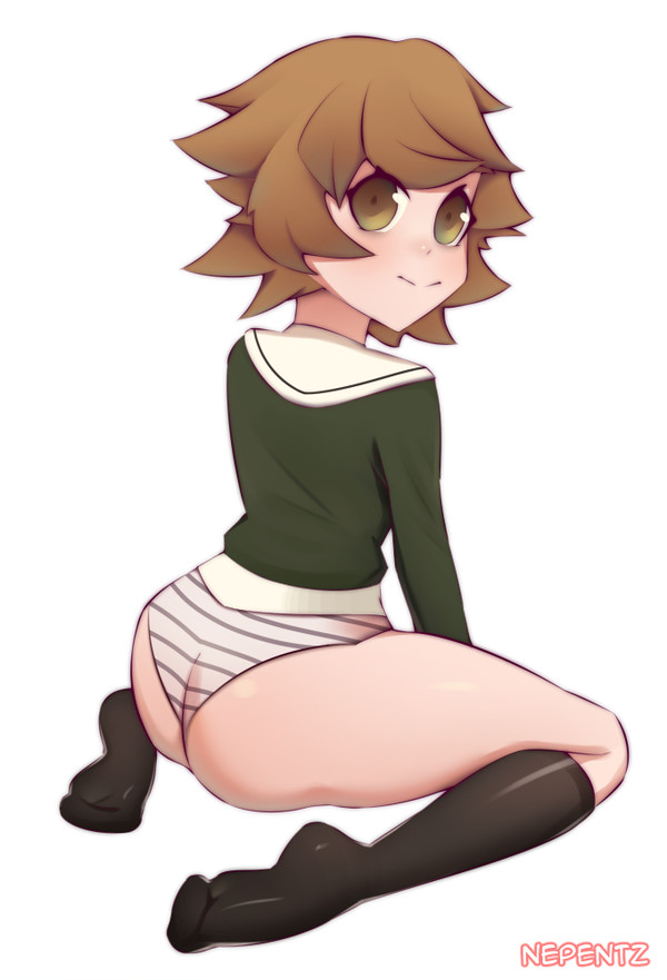 1boy, ass, brown hair, crossdressing, danganronpa, danganronpa 1, danganronpa: trigger happy havoc, femboy, fujisaki chihiro, human, large ass, light skin, male, male only, nepentz, panties, solo, solo focus, straight hair, striped panties, tagme, thick thighs