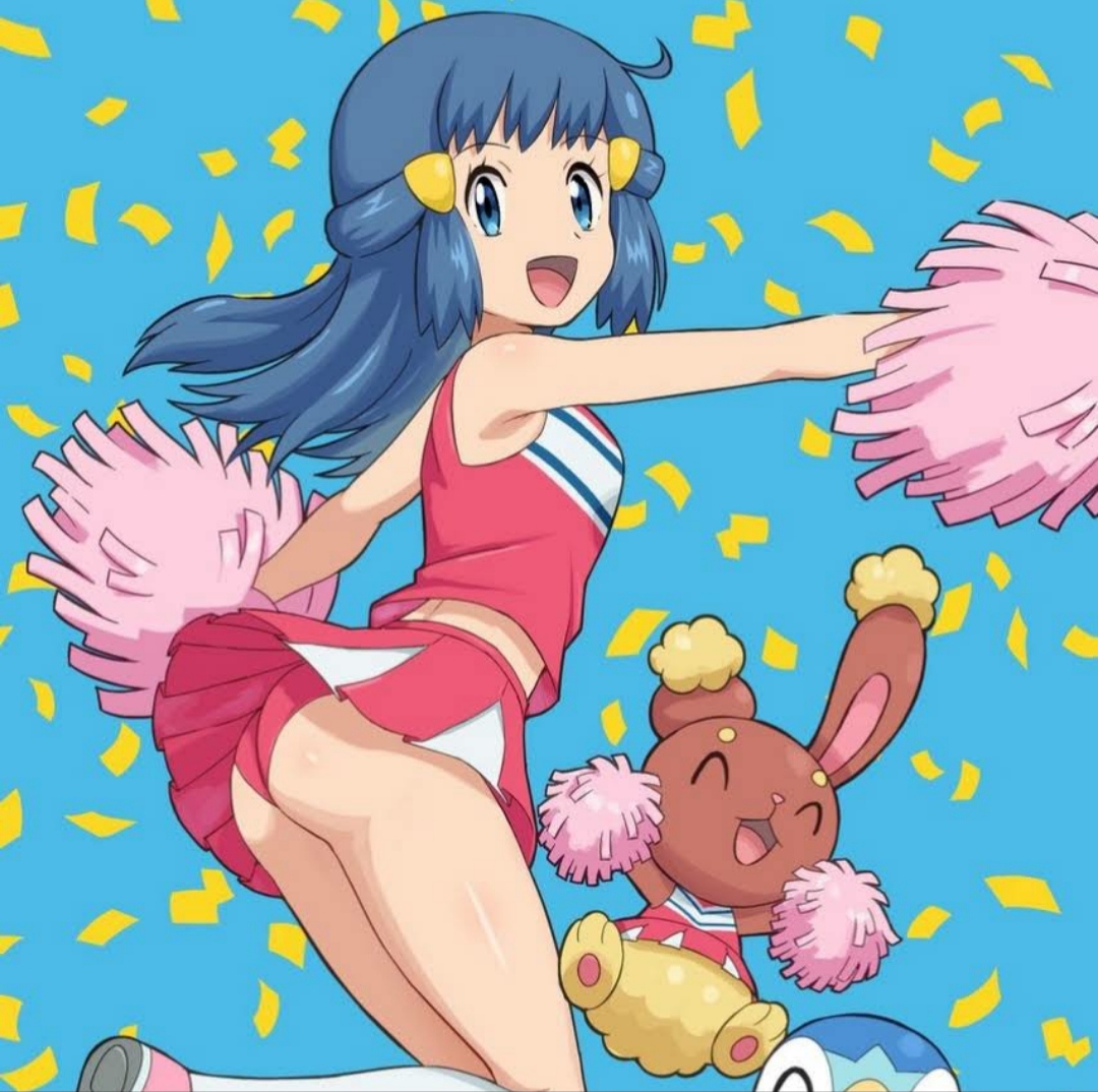 blue background, blue eyes, blue hair, buneary, cheerleader, dawn (pokemon), female, hair ornament, panties, pink shirt, pink skirt, piplup, pokemoa, pokemon, pokemon (anime), pokemon (species), pokemon dppt, pom pom (cheerleading), skirt, tcnick3 (youtuber)