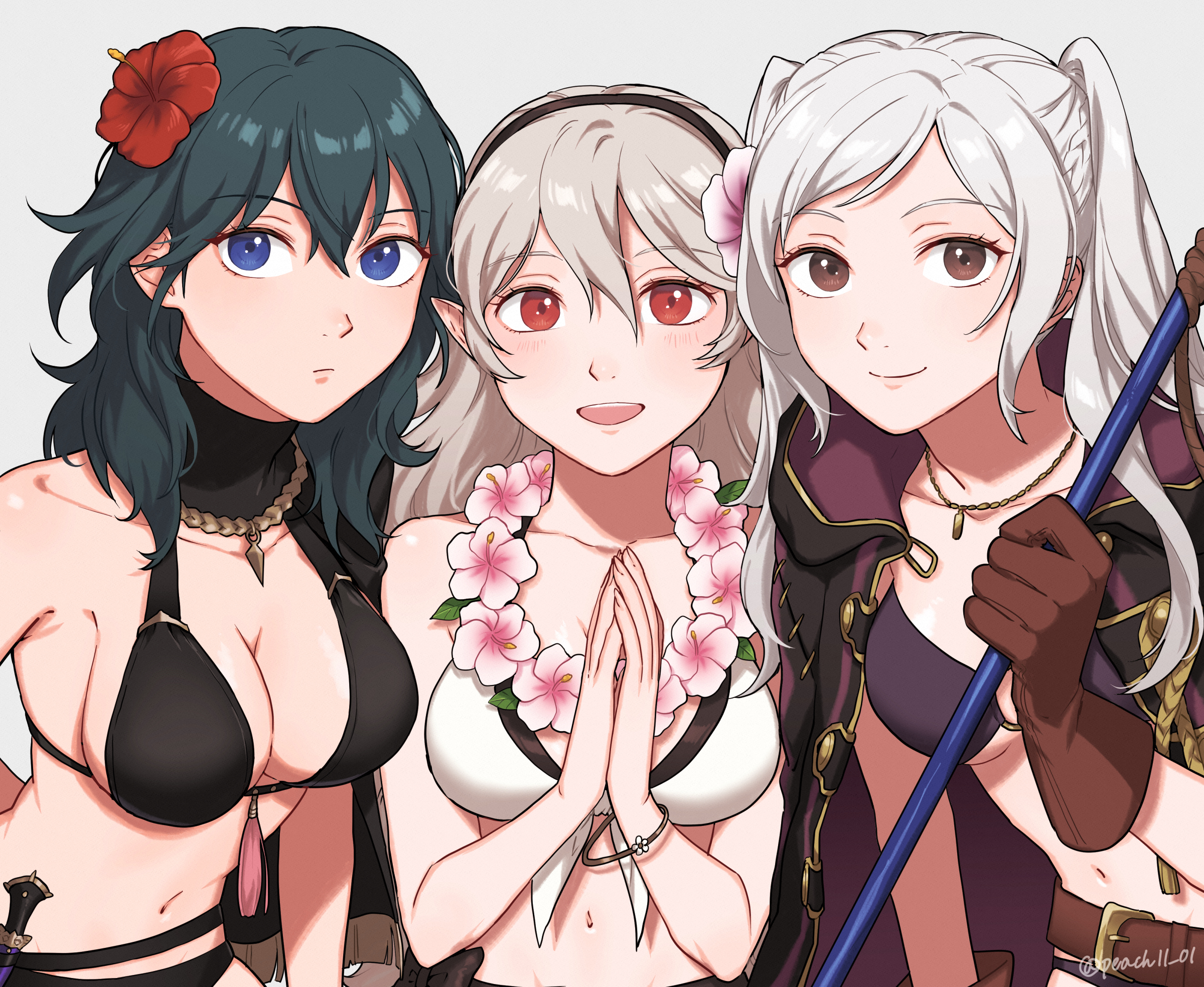 3girls, alternate costume, bangs, belt, belt buckle, bikini, black bikini, black coat, black hairband, black swimsuit, blue eyes, blush, breasts, brown belt, brown eyes, brown gloves, buckle, byleth (fire emblem), byleth (fire emblem) (female), cleavage, closed mouth, coat, coat on shoulders, collarbone, commentary request, corrin (fire emblem), corrin (fire emblem) (female), dagger, expressionless, female, female only, fire emblem, fire emblem awakening, fire emblem fates, fire emblem heroes, fire emblem: three houses, flower, flower necklace, gloves, grey background, grey hair, hair between eyes, hair flower, hair ornament, hairband, hibiscus, highres, hood, hood down, hooded coat, jewelry, knife, large breasts, long hair, looking at viewer, medium breasts, multiple females, multiple girls, navel, necklace, nintendo, o-ring, o-ring top, official alternate costume, open mouth, own hands together, peach11 01, pink flower, pointy ears, purple bikini, purple swimsuit, red eyes, red flower, robin (fire emblem), robin (fire emblem) (female), sheath, sheathed, simple background, smile, swimsuit, tassel, teal hair, teeth, trait connection, twintails, twitter username, upper body, upper teeth, weapon, white bikini, white hair, white swimsuit