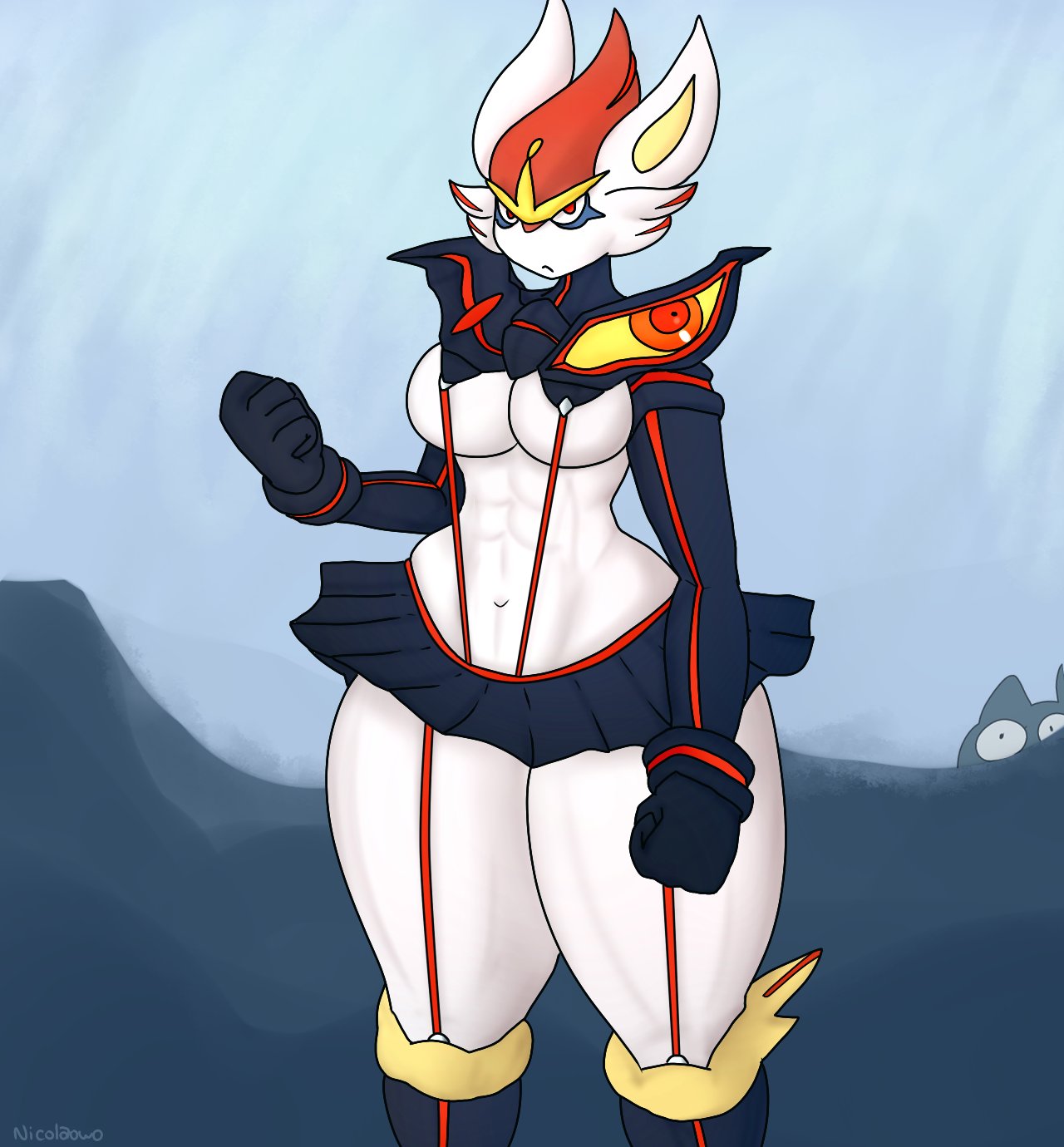 anthro anthro_only big_breasts breasts cinderace clothing female kill_la_kill matoi_ryuuko_(cosplay) nicolaowo nintendo pokémon_(species) pokemon senketsu tagme thick_thighs