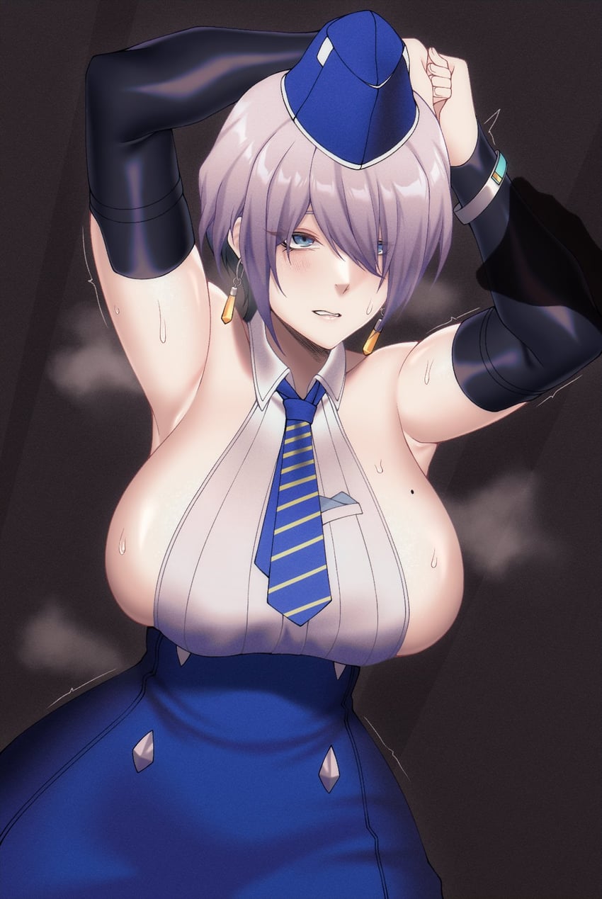 1girls armpits arms_up bangs bare_shoulders blue_eyes blue_headwear blue_necktie breasts brid_(nikke) cero_rains clenched_teeth collared_shirt dangle_earrings earrings elbow_gloves english_text female gloves goddess_of_victory:_nikke high-waist_skirt highres jewelry mole mole_on_breast necktie shirt short_hair sideboob skirt solo steam sweat teeth wide_hips