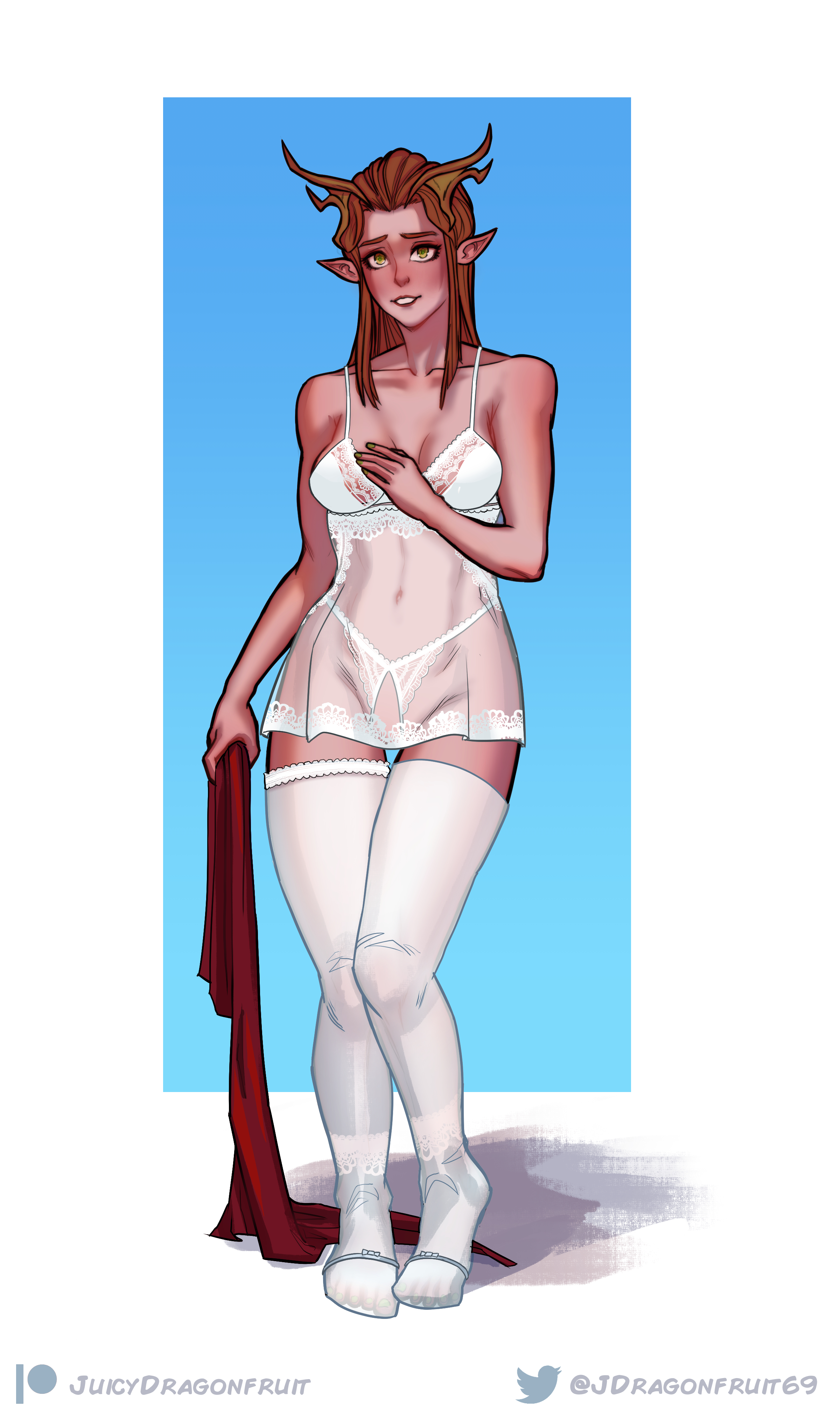 1girls, critical role, critical role: vox machina, dungeons and dragons, elf ears, female, female only, green eyes, half-elf, juicydragonfruit, keyleth, lingerie, red hair, solo