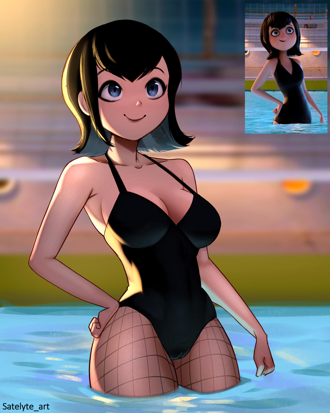 1girls, big breasts, black hair, black swimsuit, blue eyes, breasts, cameltoe, cleavage, female, female only, fishnet legwear, fishnets, goth, hand on hip, hotel transylvania, hotel transylvania 3: summer vacation, light skin, light-skinned female, mavis dracula, one-piece swimsuit, pool, pussy, redraw, reference image, satelyte, screenshot insert, short hair, smile, solo, swimsuit, thick thighs, vampire, vampire girl, water