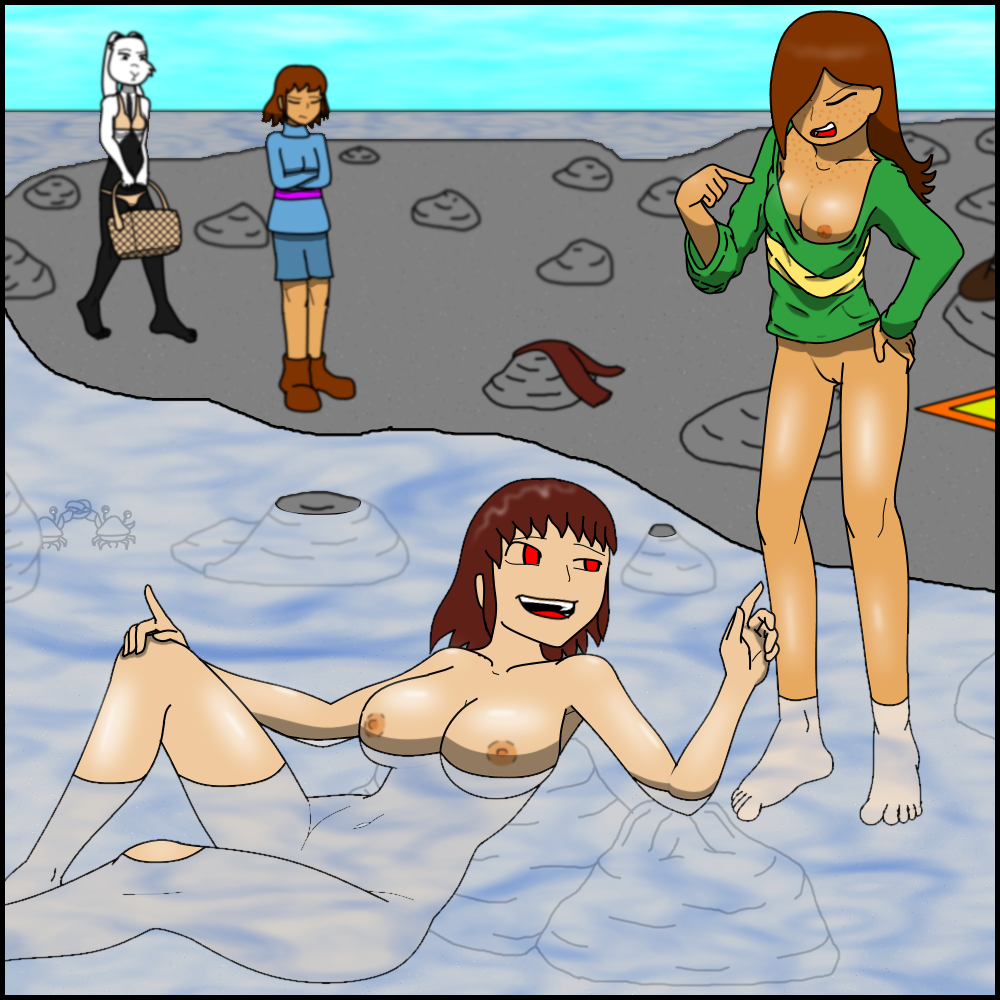 beach brown_hair chara closed_eyes freckles frisk rabbit_anthro red_eyes red_hair swimsuit talonout undertale undertale_(series) undertale_of_deponia yuri