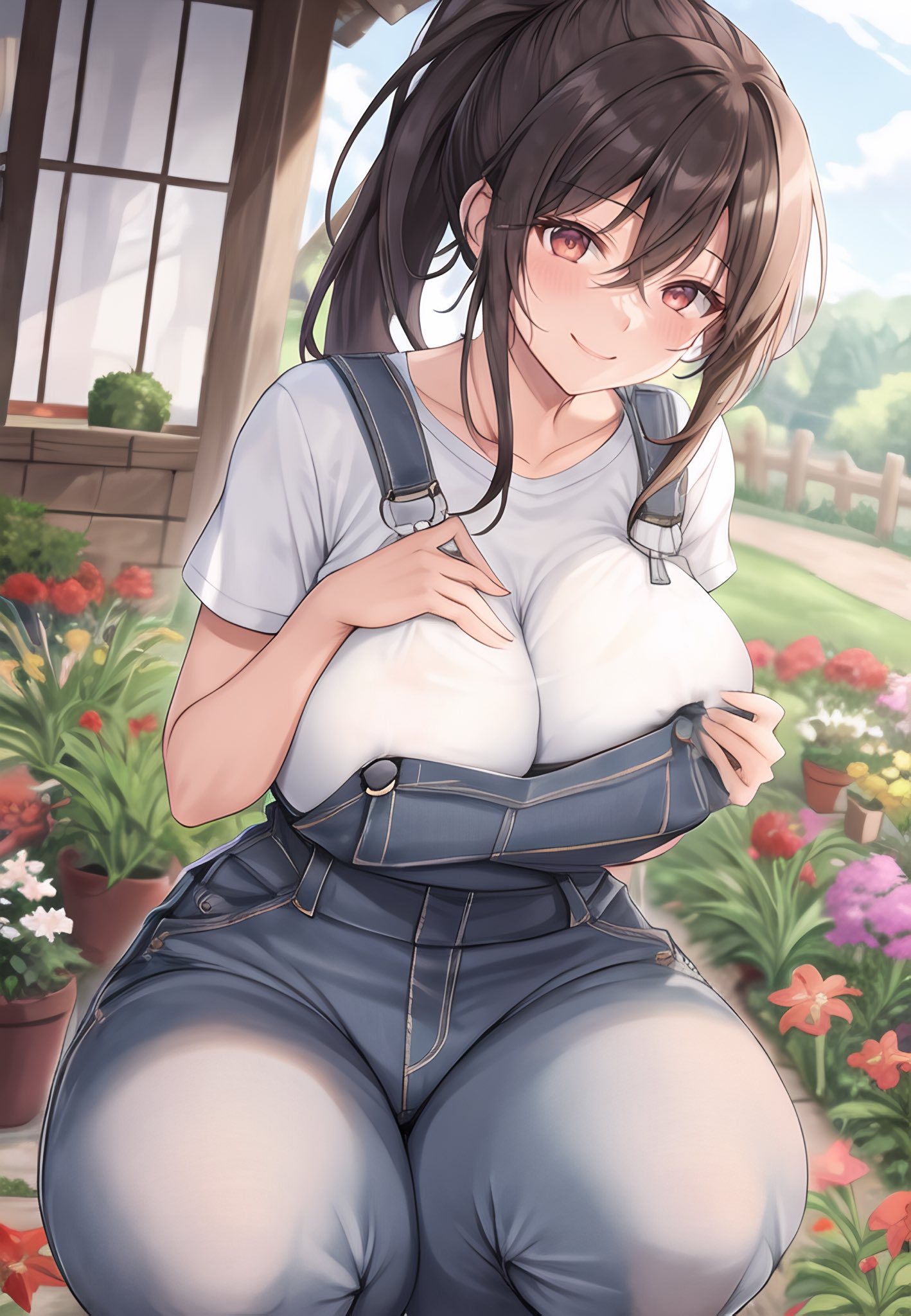 1girls, ai generated, breasts, brown eyes, brown hair, clothed, farm, female, garden, gardener, huge breasts, large breasts, light skin, long hair, nai diffusion, original, original character, overalls, shirt, smile, stable diffusion, stuffyai, thick thighs, white shirt, wide hips