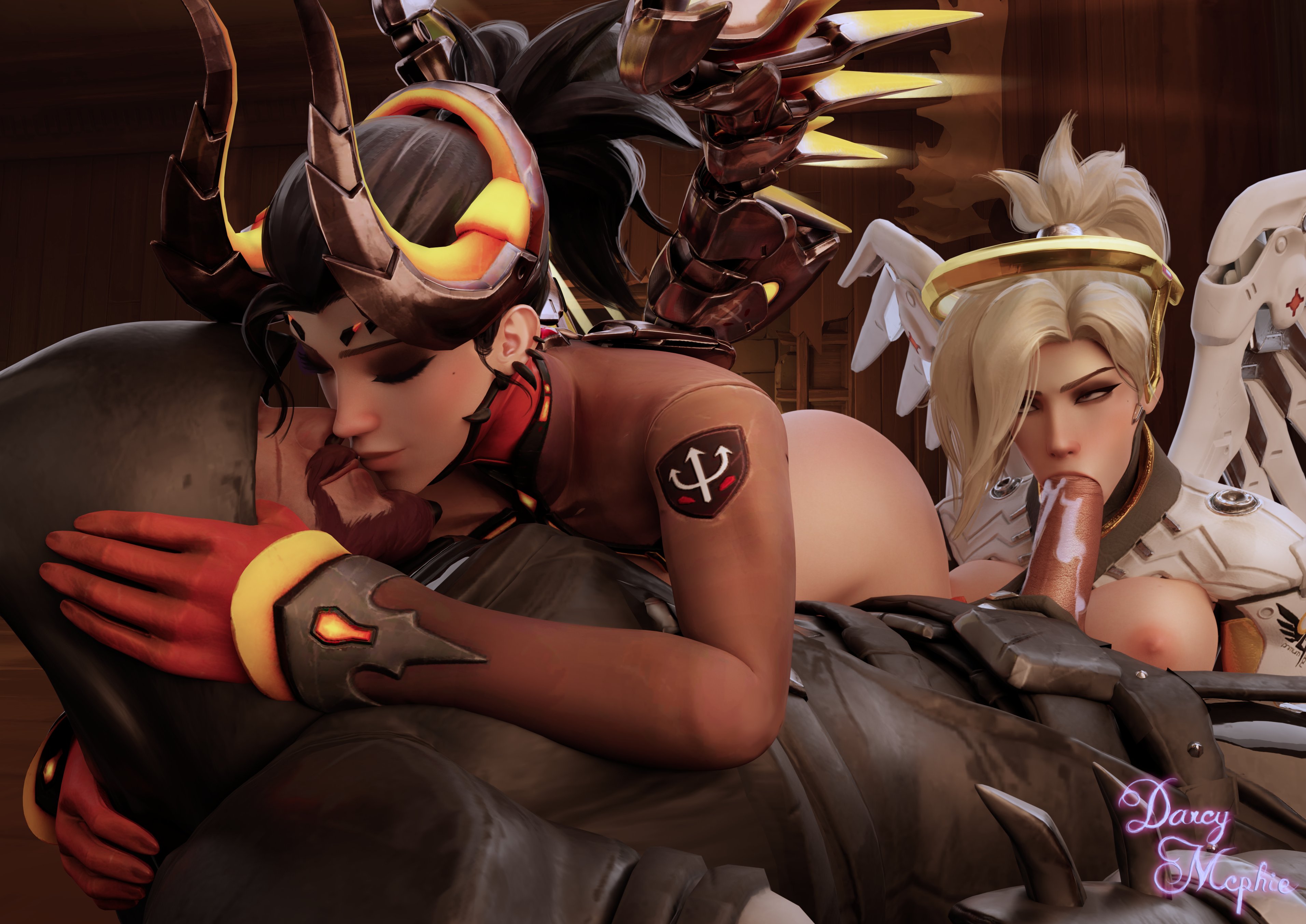 3d, blowjob, breasts, clothed female, clothed sex, cuckquean, cum, cum in mouth, cum inside, darcy mcphie, devil horns, devil mercy, dominant female, exposed breasts, exposed nipples, fellatio, female, highres, kissing, male, mercy, overwatch, reaper, submissive male