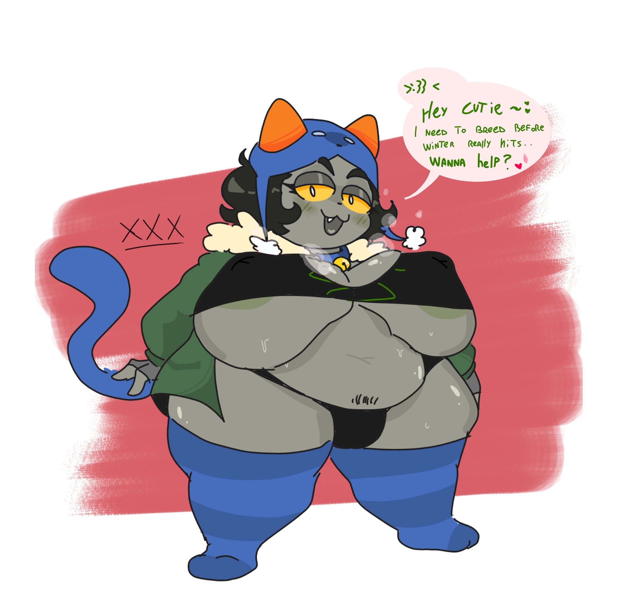 areolae, black hair, breasts, cat girl, catgirl, chubby, chubby female, collar, errorplush, female, female only, gloves, grey skin, hat, homestuck, horns, jacket, nepeta leijon, obese female, panties, pubic hair, short hair, shortstack, speech bubble, stockings, tail, text, tummy, underboob, yellow eyes