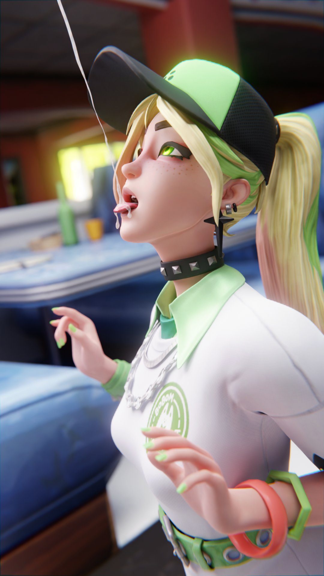 1girls 3d after_sex blonde_hair bobarista_helsie_(fortnite) bracelet clothes clothing cum cum_in_mouth cum_on_tongue cumdrip detailed_background earrings fluids fortnite fortnite:_battle_royale green_eyes green_nail_polish green_nails helsie_(fortnite) light-skinned_female looking_up neckwear oral_sex orangedonut33 spiked_collar tagme white_clothing