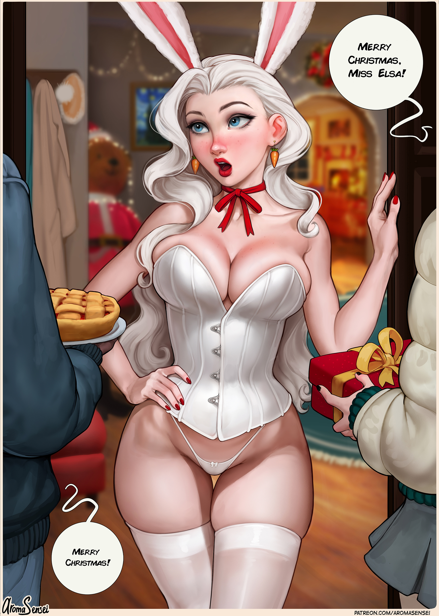 1boy, 2girls, aroma sensei, black nails, blue eyes, blush, breasts, bunny ears, bunny girl, bunnysuit, christmas, clothing, crossover, dialogue, disney, elsa (frozen), english text, female, female focus, fingernails, frozen (film), gwen stacy, highleg leotard, human, human only, indoors, large breasts, leotard, light skin, light-skinned female, long hair, male, marvel, marvel comics, medium breasts, miles morales, multiple females, multiple girls, nail polish, panties, red nails, skimpy, slim waist, socks, solo focus, spider-man (series), spider-man: into the spider-verse, stockings, straight hair, surprised, text, thick lips, thick thighs, thigh socks, thighhighs, unseen female face, unseen male face, voluptuous, voluptuous female, white hair, white leotard, white socks, wide hips