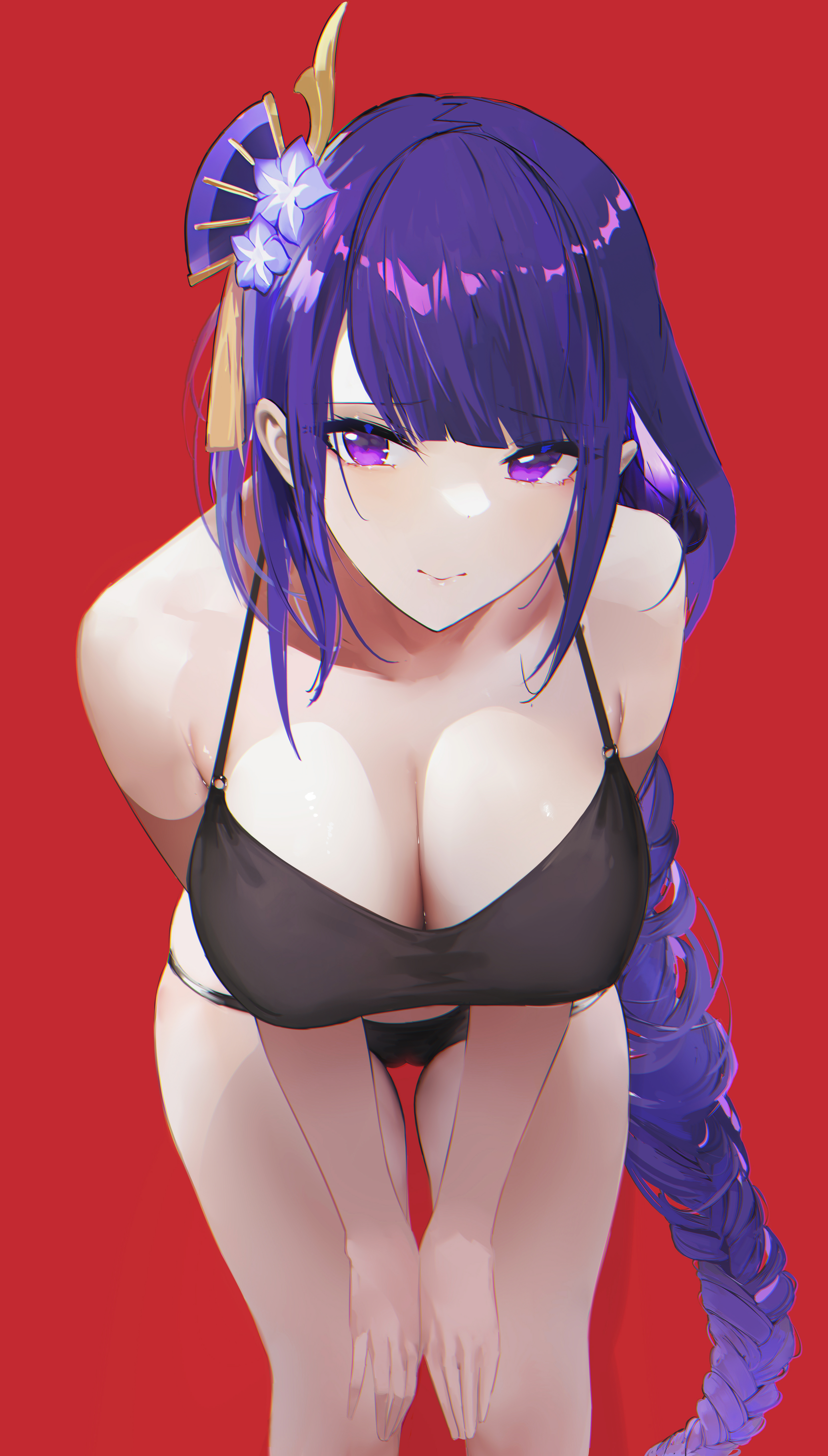 1girls, bending forward, bent over, big breasts, bra, braid, breasts, cleavage, female, female only, genshin impact, hair ornament, hi res, highres, large breasts, leaning forward, long hair, looking at viewer, omone hokoma agm, panties, purple eyes, purple hair, raiden shogun, red background, solo, solo female, thick, thighs, underwear, voluptuous