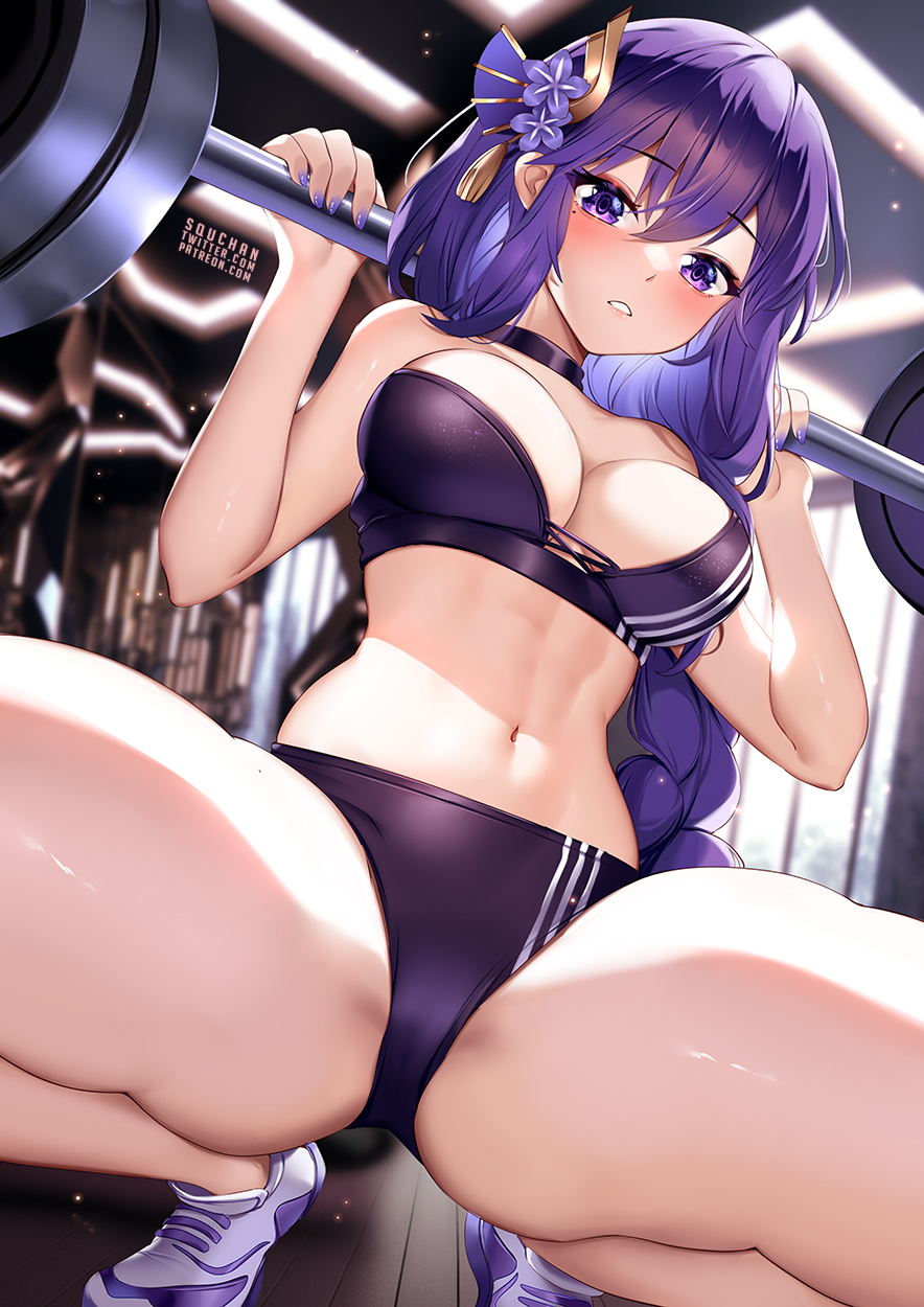 1girls abs barbell breasts cleavage exercise female genshin_impact gym large_breasts lifting_weights light-skinned_female light_skin long_hair purple_eyes purple_hair raiden_shogun solo sports_bra sportswear spread_legs squatting squchan thick_thighs working_out