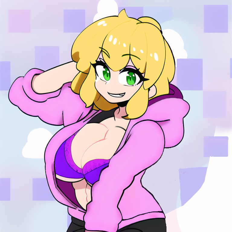 1girls ai_generated black_pants blonde_hair female green_eyes odessa_valmy pink_hoodie purple_bra showing_breasts solo