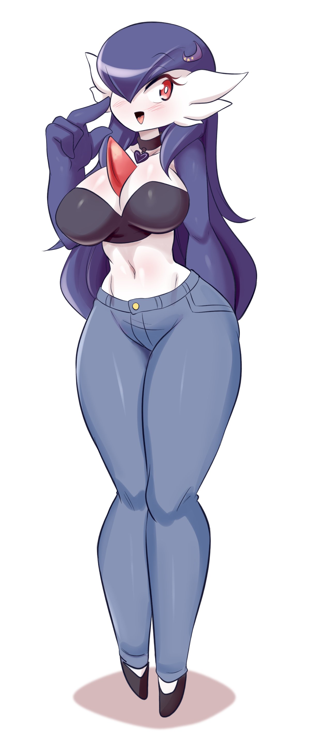 big breasts, blush, body blush, breasts, chandra (lucyfercomic), choker, cleavage, clothed, clothing, female, game freak, gardevoir, hair over one eye, hourglass figure, jeans, long hair, long purple hair, looking at viewer, lucyfercomic, midriff, navel, nintendo, pants, pokémon (species), pokemon, pokemon (species), purple hair, red eyes, shoes, smile, thick thighs, white background, wide hips