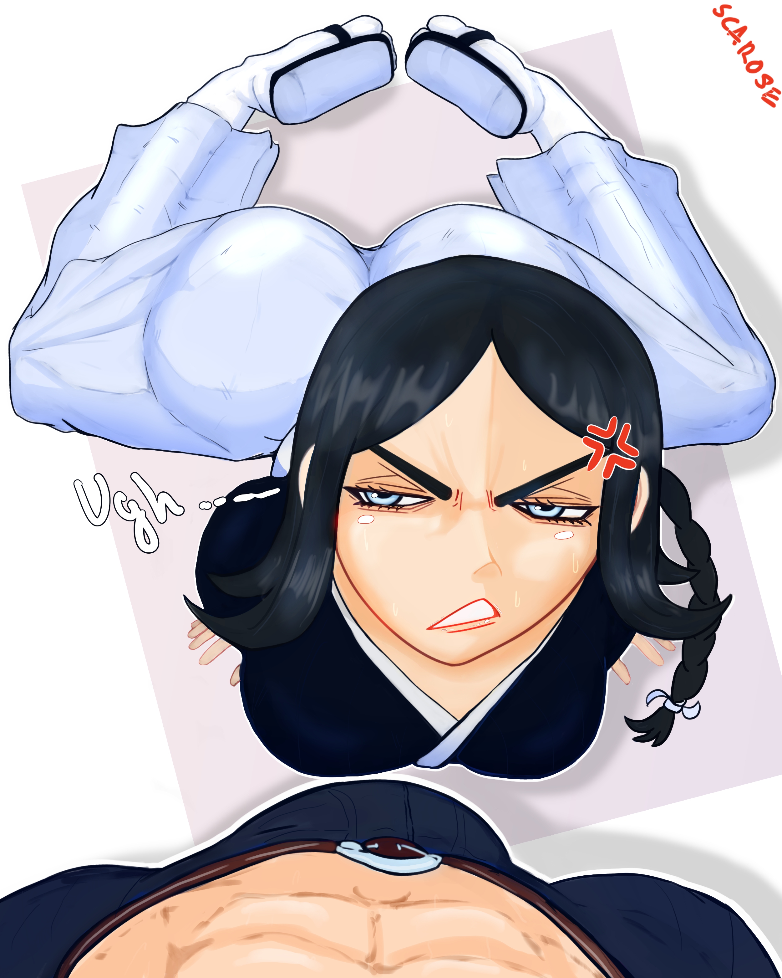 1boy, 1girls, angry face, ass, asta (black clover), before oral, before sex, black clover, female, male, on all fours, scarose, unseen male face, yami ichika