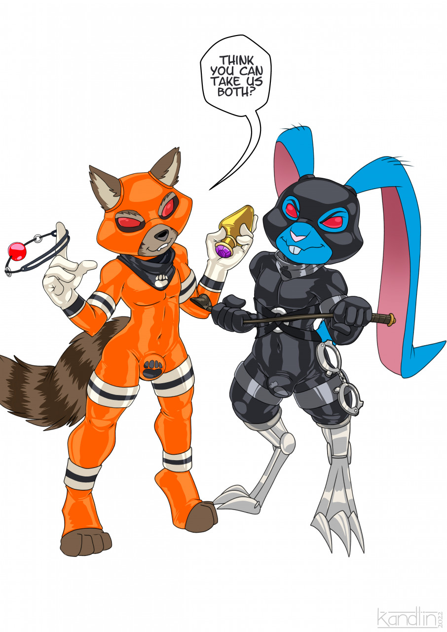 2022 anthro ball_gag biped blackjack_o'hare blue_body blue_fur bodysuit bondage brown_body brown_fur buckteeth bulge buttplug clothed clothing cuff_(restraint) dialogue digital_drawing_(artwork) digital_media_(artwork) duo english_text fur gag gagged glistening guardians_of_the_galaxy handcuffs harness hi_res kandlin lagomorph leporid long_ears looking_at_viewer male mammal marvel metal_cuffs neckerchief orange_clothing pink_nose plug_(sex_toy) procyonid rabbit raccoon red_eyes restraints riding_crop rocket_raccoon rubber sex_toy simple_background skinsuit smile smooth_fur teeth text tight_clothing whip white_background