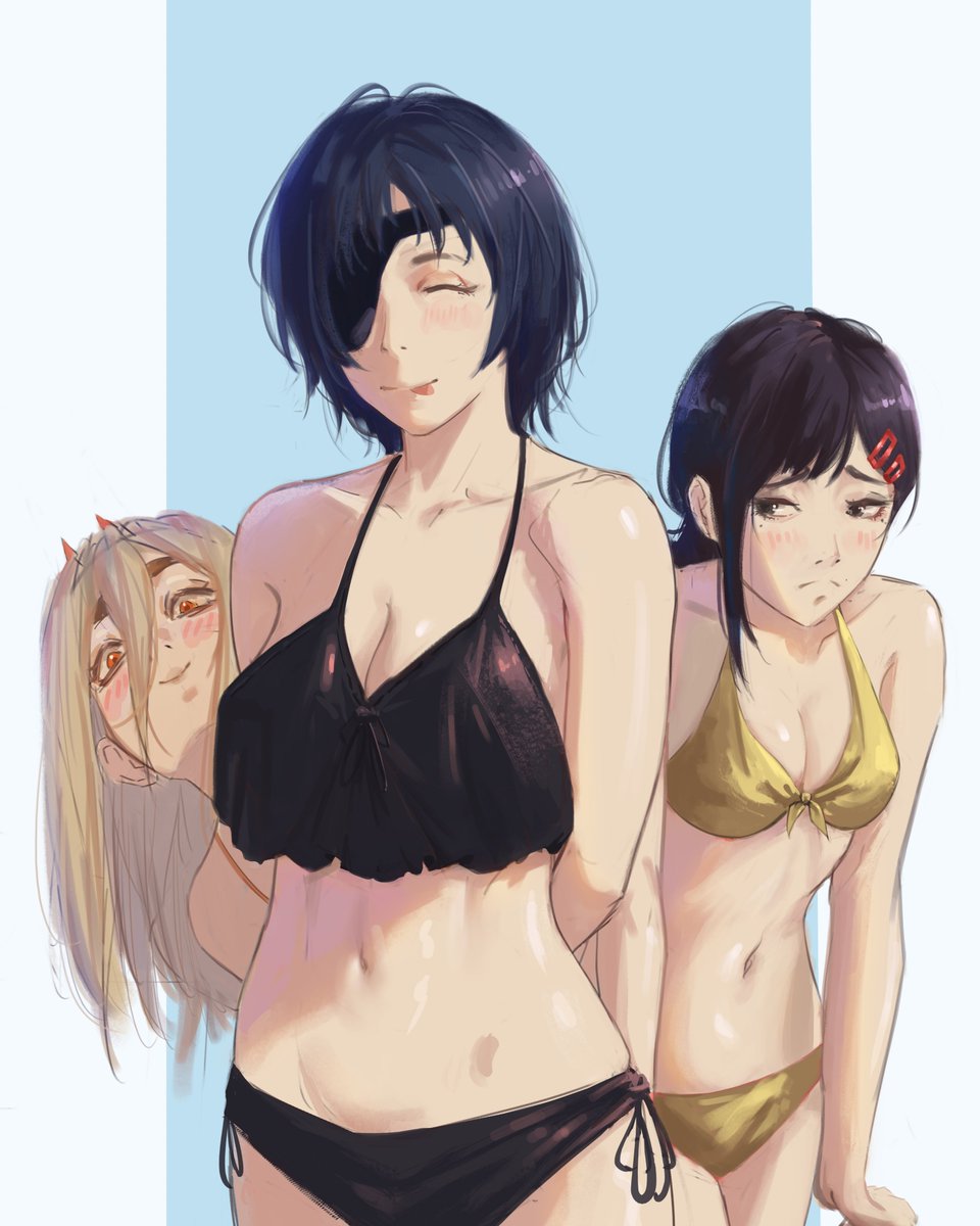 3girls bikini blonde_hair blush breasts chainsaw_man cleavage embarrassed eyepatch female female_only higashiyama_kobeni himeno_(chainsaw_man) light-skinned_female light_skin luxearte mappa navel power_(chainsaw_man) short_hair shy smile tongue_out