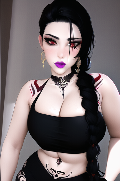 ai_generated big_breasts black_hair crown curvy curvy_body curvy_female goth goth_girl gothic lips lipstick looking_at_viewer makeup milf mommy_kink mother nai_diffusion nipples purple_lipstick red_eyes seductive seductive_eyes seductive_look seductive_mouth stable_diffusion tattoo thigh_clothes thighs voluptuous voluptuous_female