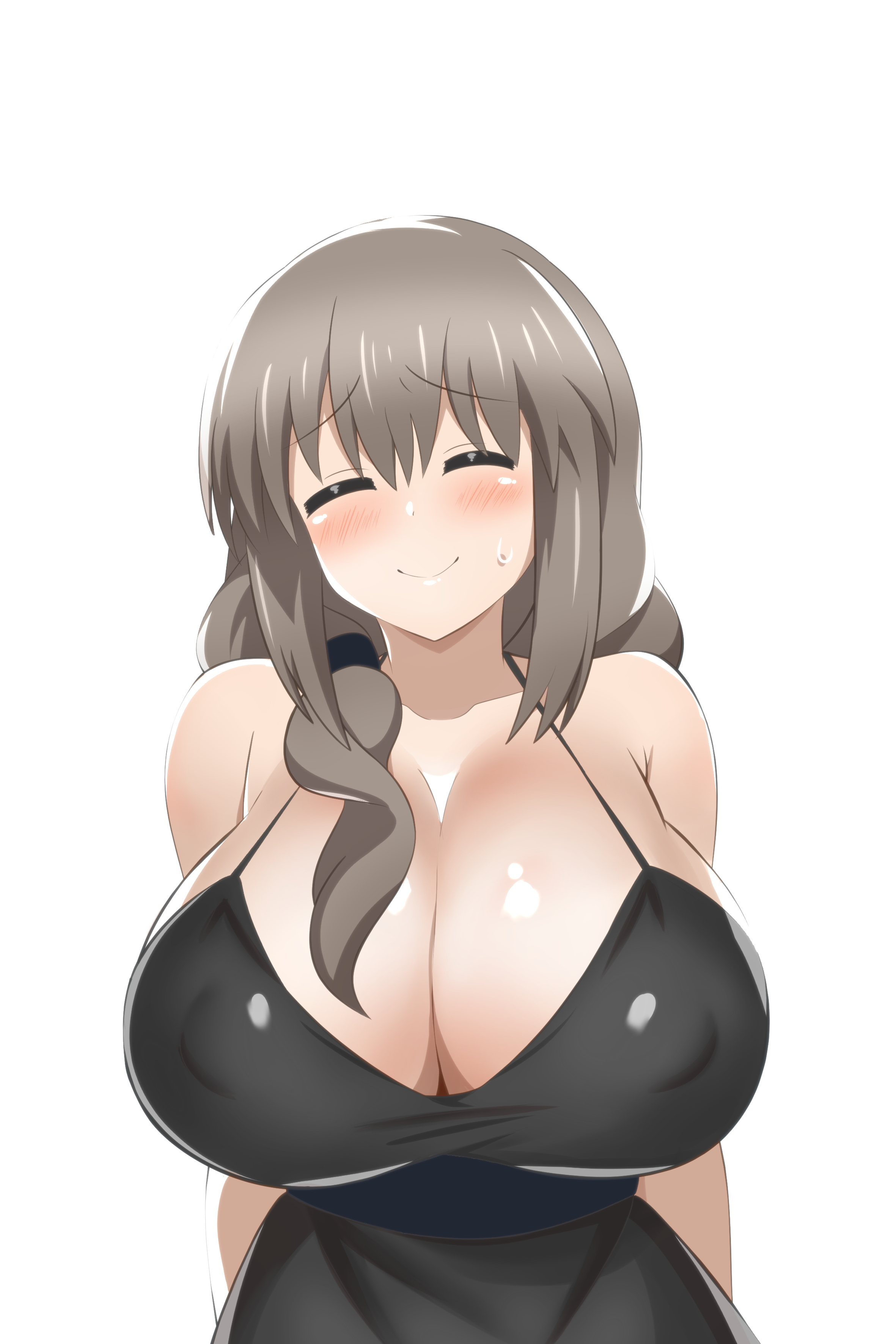 1girls, big breasts, blush, breasts, cleavage, closed eyes, dress, embarrassed, erect nipples, erect nipples under clothes, eyebrows, eyebrows visible through hair, female, female only, grey hair, highres, huge breasts, large breasts, long hair, married female, mature, mature female, milf, nervous, nervous face, nervous smile, nipples, no bra, oppai, pinup, plain background, puffy nipples, revealing clothes, revealing dress, shy, side ponytail, simple background, smile, solo, solo focus, sweat, sweatdrop, tied hair, top hat, top heavy breasts, upper body, uzaki tsuki, uzaki-chan wa asobitai!, visible nipples, white background, wife, zorzero