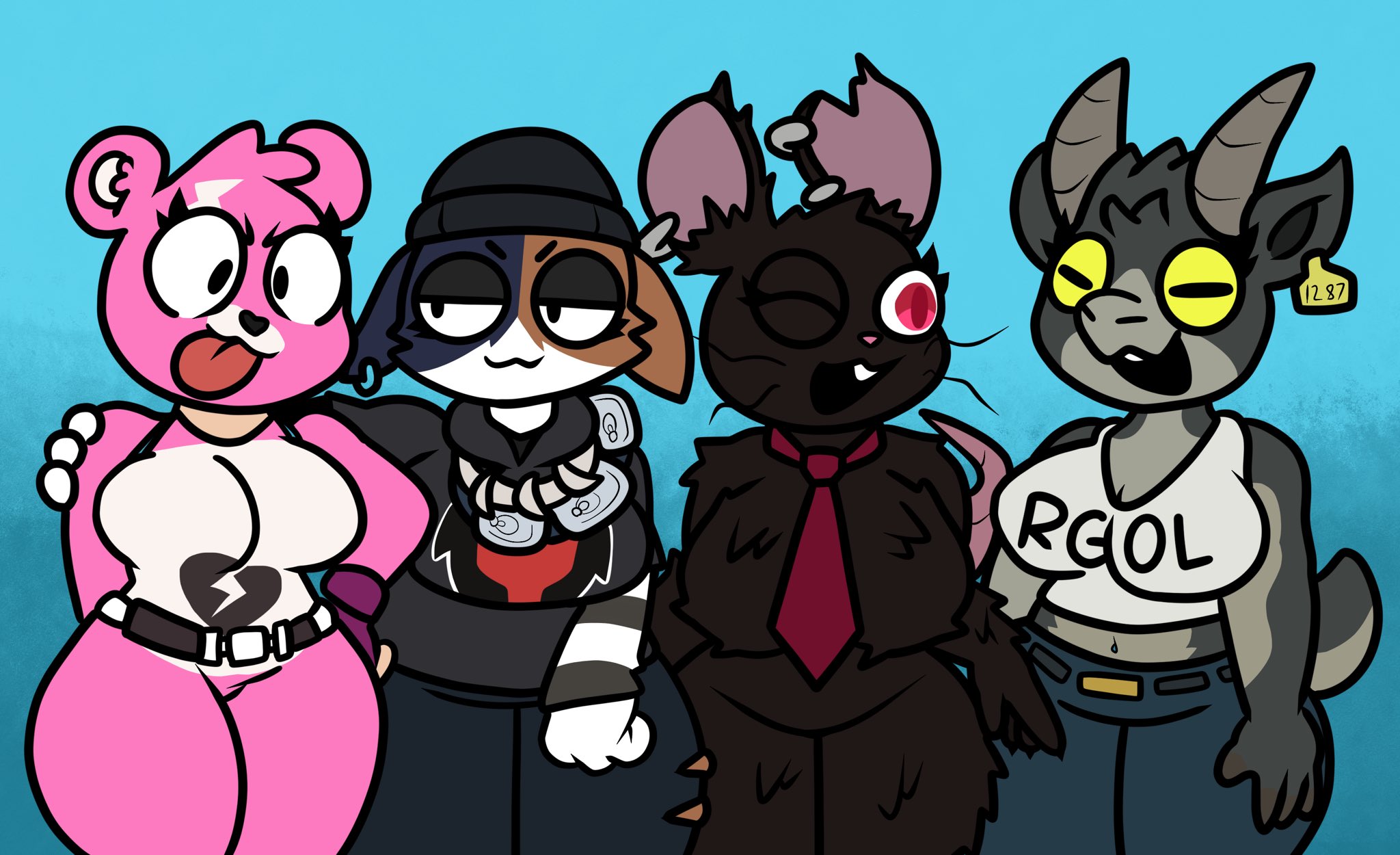 4girls, anthro, big breasts, breasts, camille (fortnite), cuddle team leader, feline, female, fortnite, furry, furry only, lewdewott, meow skulls (fortnite), pilgor (goat simulator), tagme, thick thighs