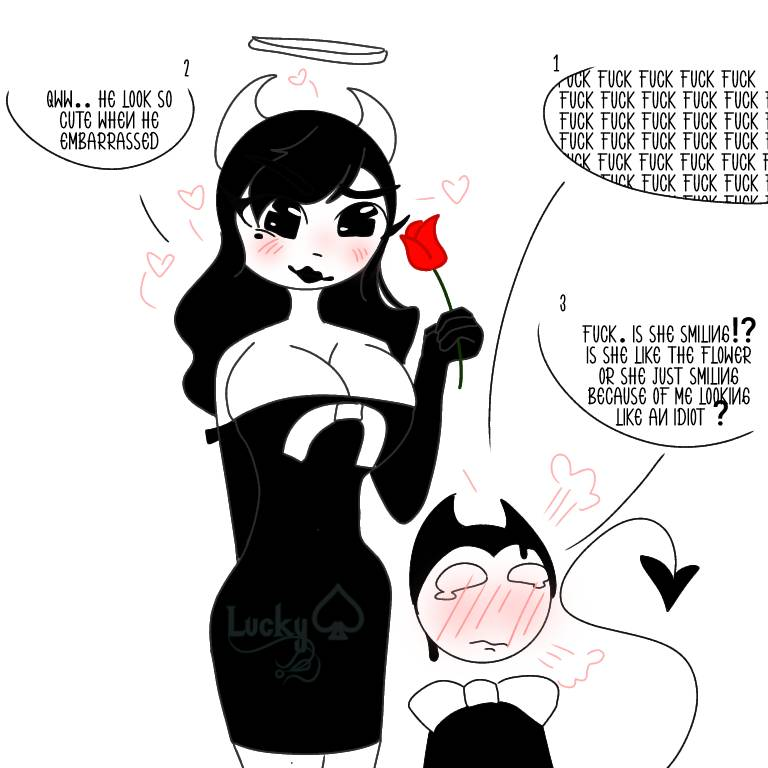 1boy 1boy1girl 1girls alice_angel angel bendy bendy_and_the_ink_machine bendyxalice big_breasts black_hair black_lips black_lipstick blush cleavage clothed female flower halo horns lipstick long_hair long_hair_female male