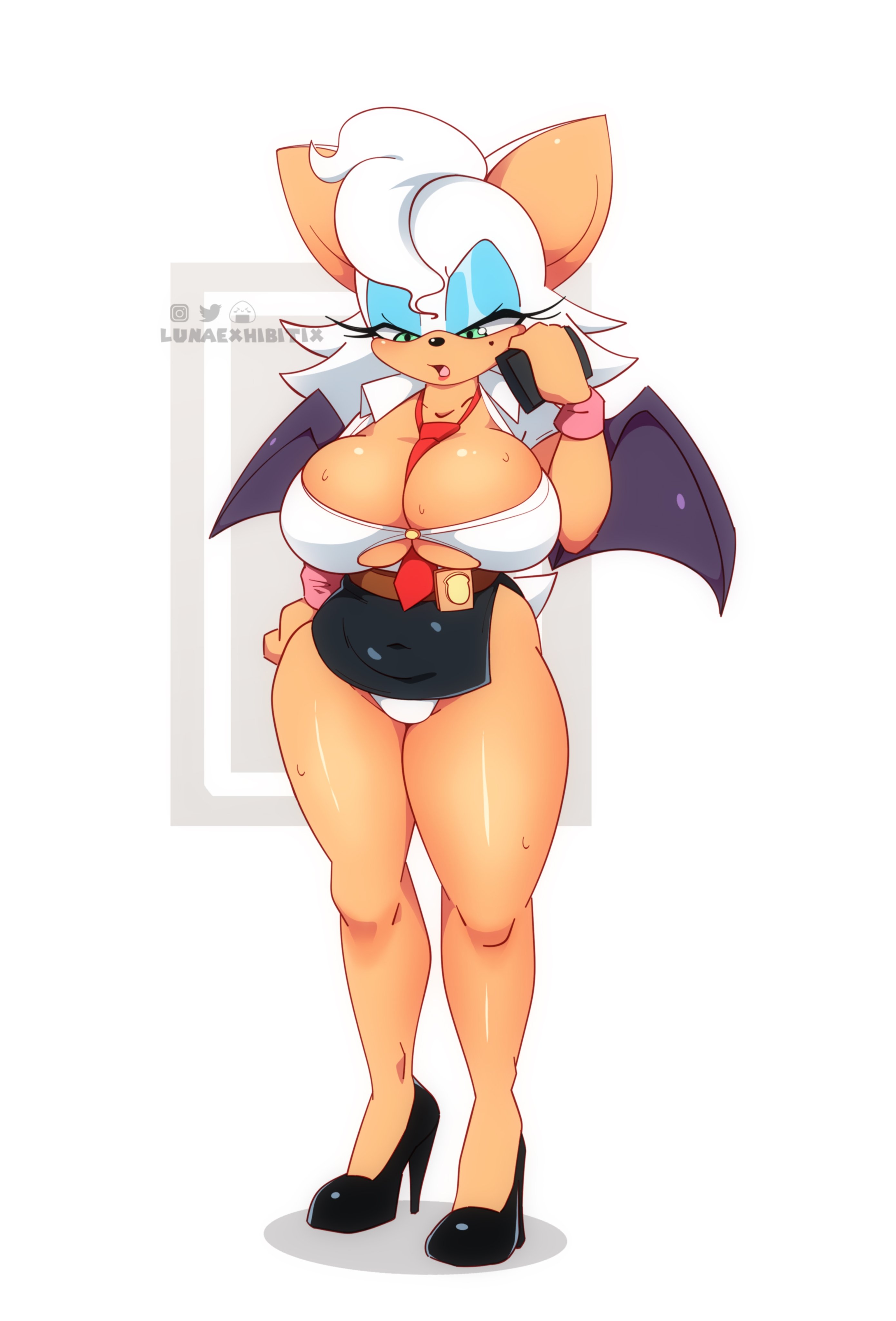 female, hourglass figure, lunaexhabbitix, rouge the bat, short skirt, sonic (series), waitress