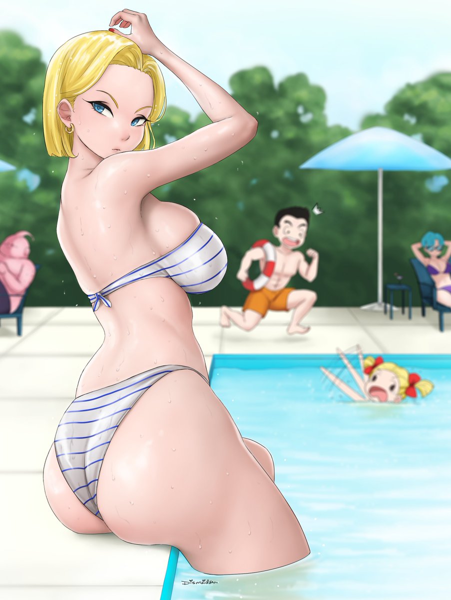 1girls android_18 armpits arms_up beach big_ass blonde_hair blue_eyes bubble_ass bubble_butt bulma_briefs dismaiden dragon_ball dragon_ball_z drowning drowning_in_background female female_focus krillin kuririn light-skinned_female looking_back marron poolside sideboob wet