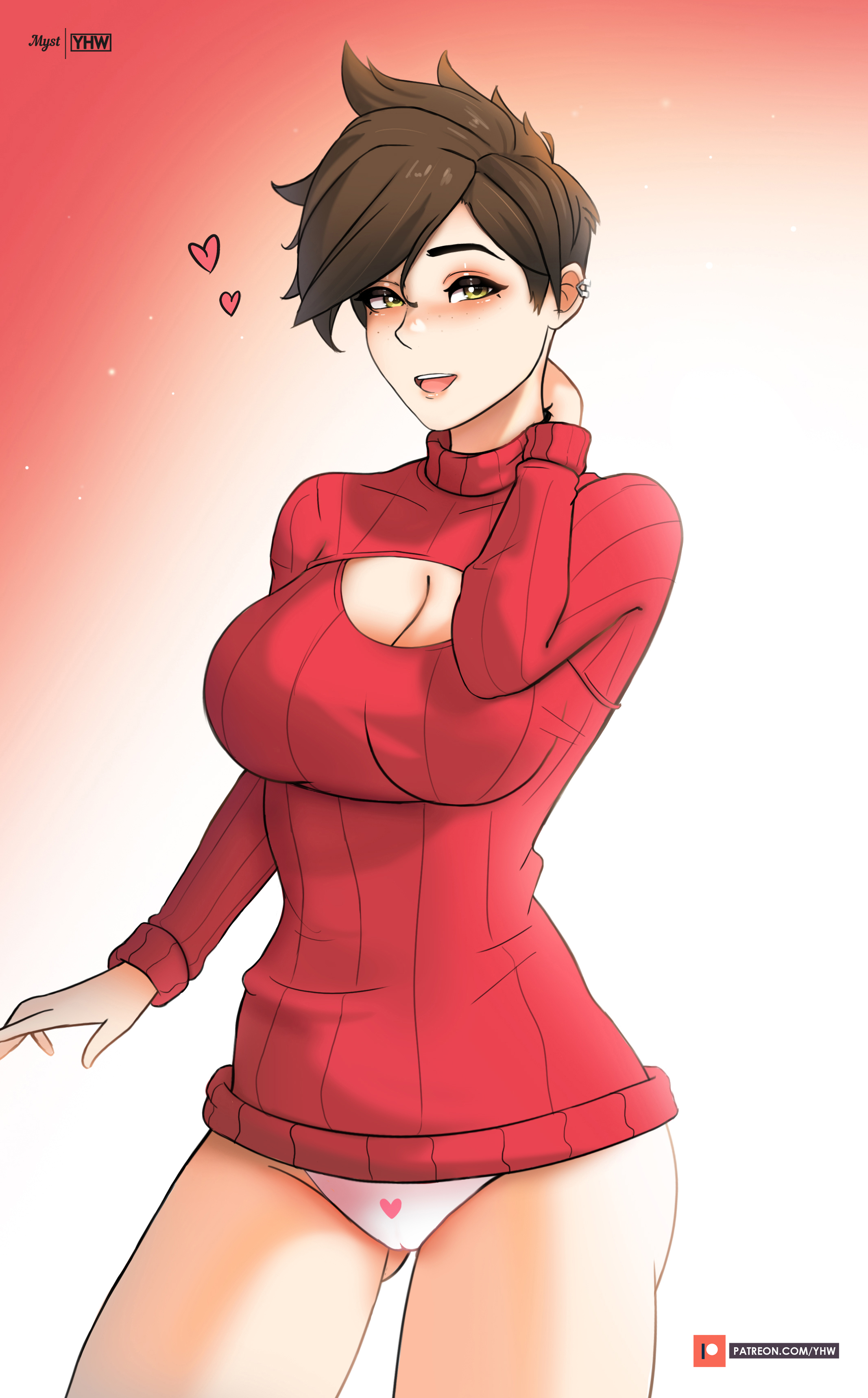1girls, blizzard entertainment, christmas, christmas clothing, clothed, clothing, female, looking at viewer, myst, overwatch, panties, smile, smiling, soft shading, solo, solo female, sweater, tracer, yhw
