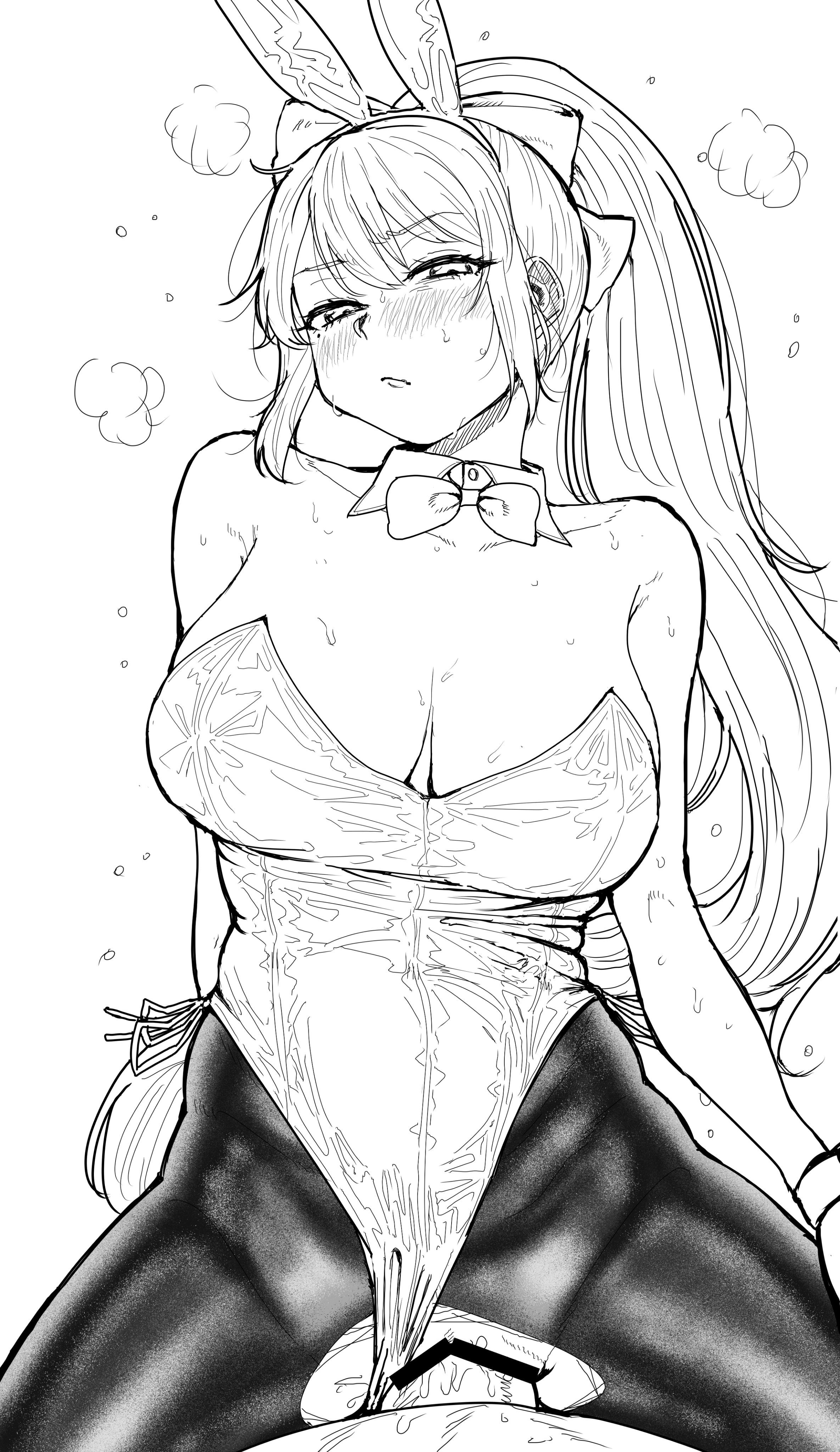 1boy, 1girls, alternate breast size, asian, asian female, bar censor, big breasts, blush, breasts, bunny ears, bunnysuit, censored, cleavage, cowgirl position, cum, cum in pussy, cum inside, embarrassed, female, heavy breathing, higuchi kaede, kaiman garupan, large breasts, leotard, leotard aside, long hair, looking at viewer, male, monochrome, nijisanji, penis, ponytail, pov, pov eye contact, pussy, sex, straight, sweat, vaginal penetration, virtual youtuber