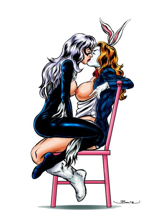 2girls black_cat_(marvel) bowie_(artist) felicia_hardy female female_only human lorina_dodson marvel multiple_girls spider-man_(series) white_rabbit white_rabbit_(marvel) yuri