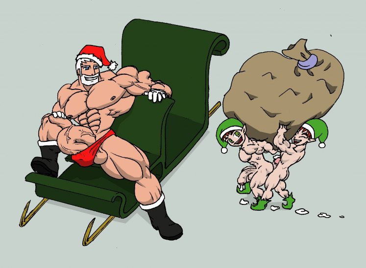 3boys abs artist_request ball_out beard bent_penis bikini_underwear blue_eyes boots brown_hair carrying christmas christmas_elf closed_eyes color cum_drip cum_puddle elf elf_hat elf_shoes erect_nipples erection exposed_penis facial_hair flaccid folded_penis foreskin gay gloves green_eyes happy hot_dogging huge_cock intact large_penis male male_only mostly_nude moustache multiple_males muscles muscular naked naked_footwear partially_retracted_foreskin pecs penis_on_ass pointed_ears sack santa_claus santa_hat size_difference sleigh spread_legs thong topless uncut veiny_muscles veiny_penis white_hair yaoi