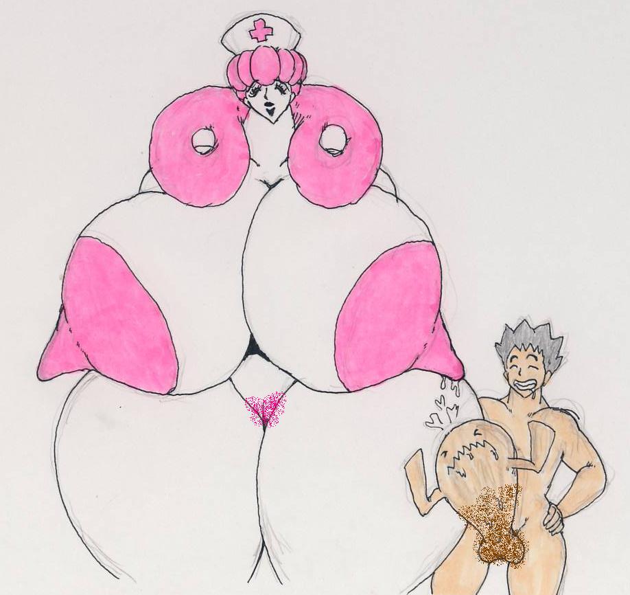 artist_request breasts brock_(pokemon) color female front_view human male nipples nude nurse_joy pokemon size_difference tagme vulva wobbuffet