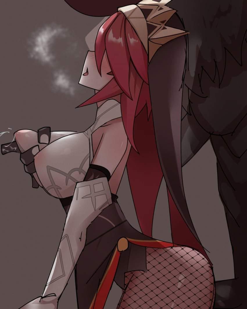 anal, breathing heavily, female, fishnet pantyhose, fishnets, genshin impact, hilichurls (species), mitachurl, pantyhose, pussy, rosaria (genshin impact), wet pussy