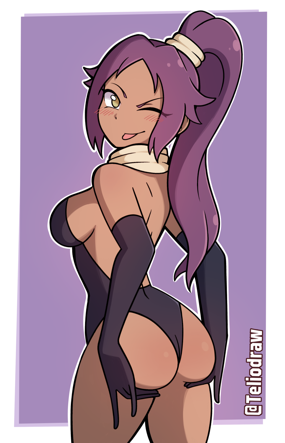 bleach blush bubble_butt dark-skinned_female dark_skin elbow_gloves female female_only looking_at_viewer looking_back purple_hair scarf shihouin_yoruichi solo tagme teliodraw twitter_username wink winking_at_viewer yellow_eyes