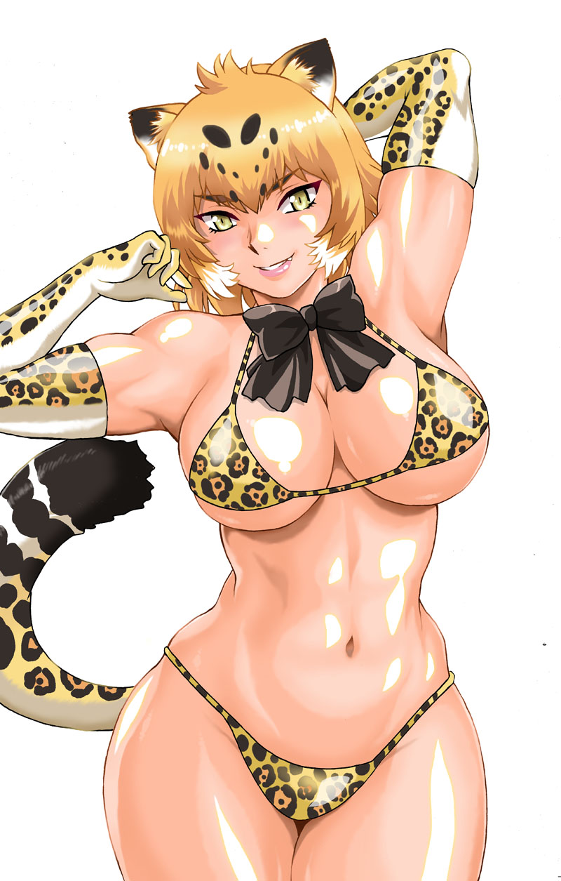 1girls adult big_breasts bikini bikini_armor blonde_hair breasts ear female gloves happy heart jaguar_(kemono_friends) kemono_friends manabe_jouji muscular muscular_female solo solo_female tail tiger yellow_eyes