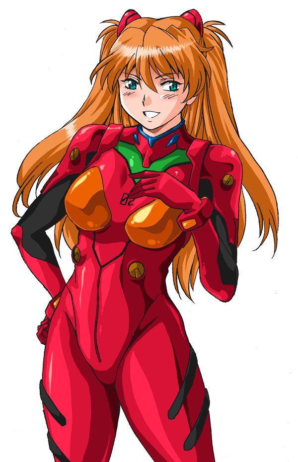 1girls armor asuka_langley_sohryu bimbo blue_eyes breasts covered_nipples female manabe_jouji neon_genesis_evangelion orange_hair red_armor solo thick_thighs wide_hips