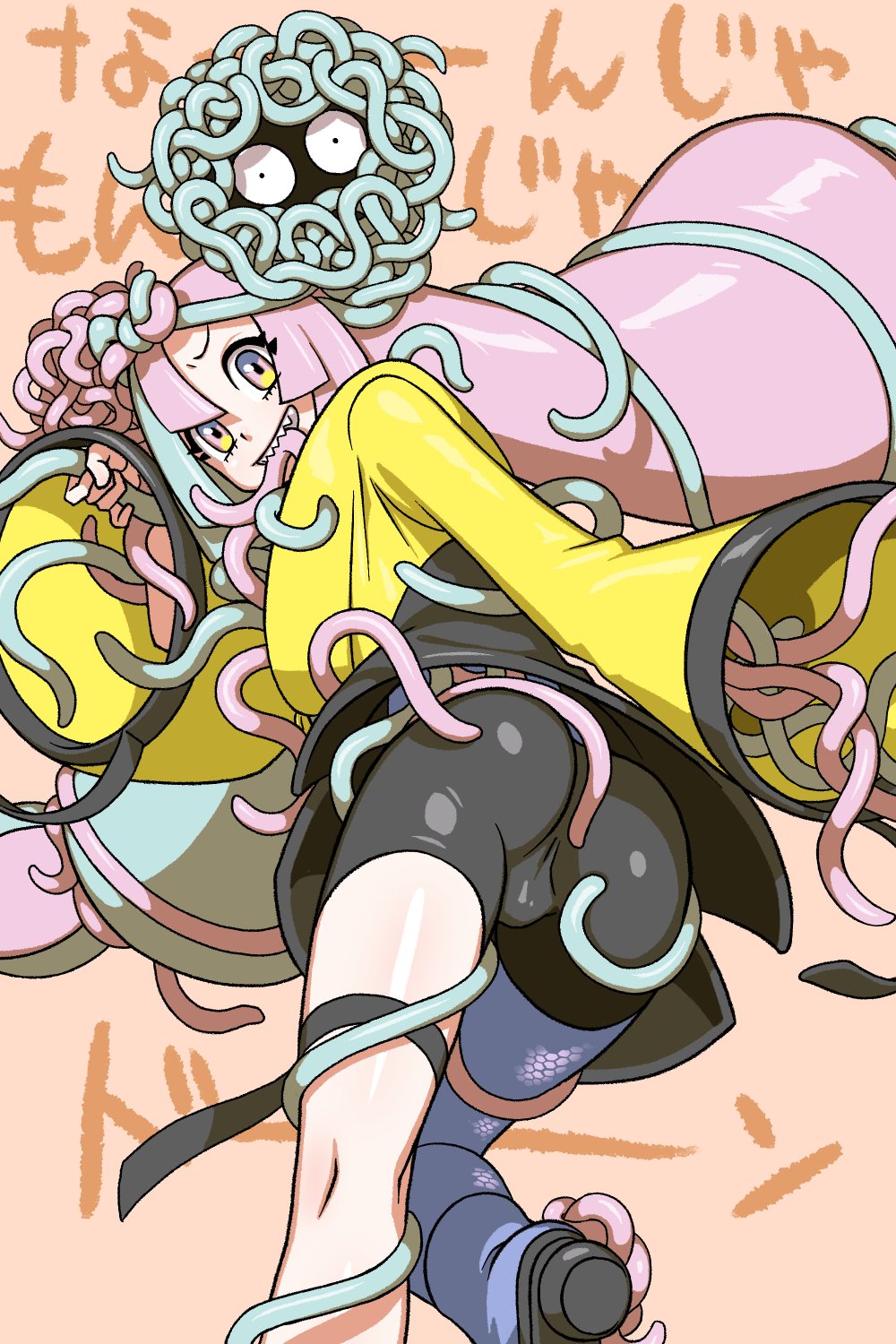 1girls ass ass_focus digital_drawing_(artwork) digital_media_(artwork) female female_only grin iono_(pokemon) japanese_dialogue looking_at_viewer looking_back orange_background oversized_clothes pokemon pokemon_(species) pokemon_sv pussy_outline tagme tangela tentacle tight_shorts tsuwitchii84 twintails