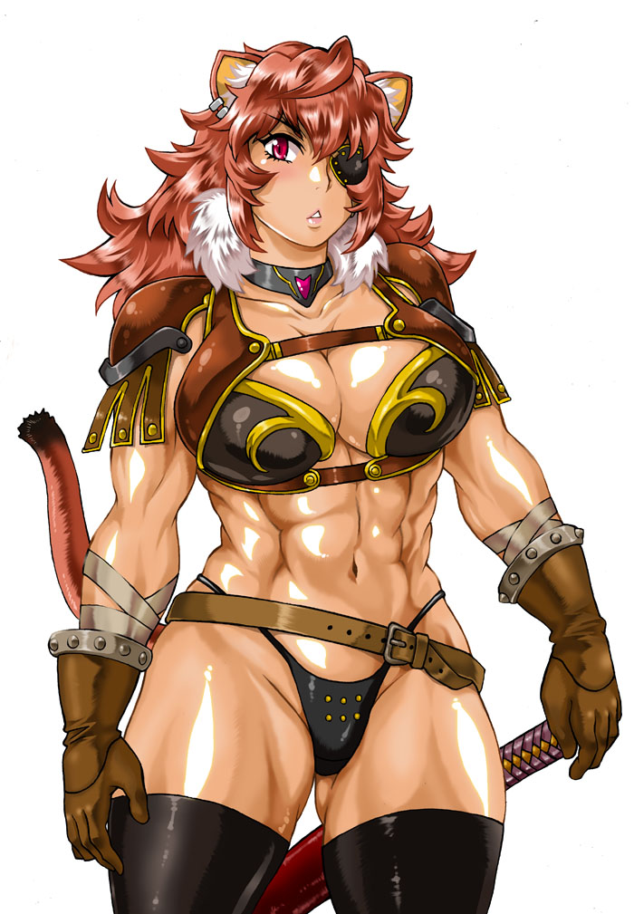 1girls abs bandage belt big_breasts black_bikini boots breasts cat_tail catgirl fantasy female female_only gloves manabe_jouji muscular pink_hair solo spade tail thick_thighs violet_eyes warrior white_background